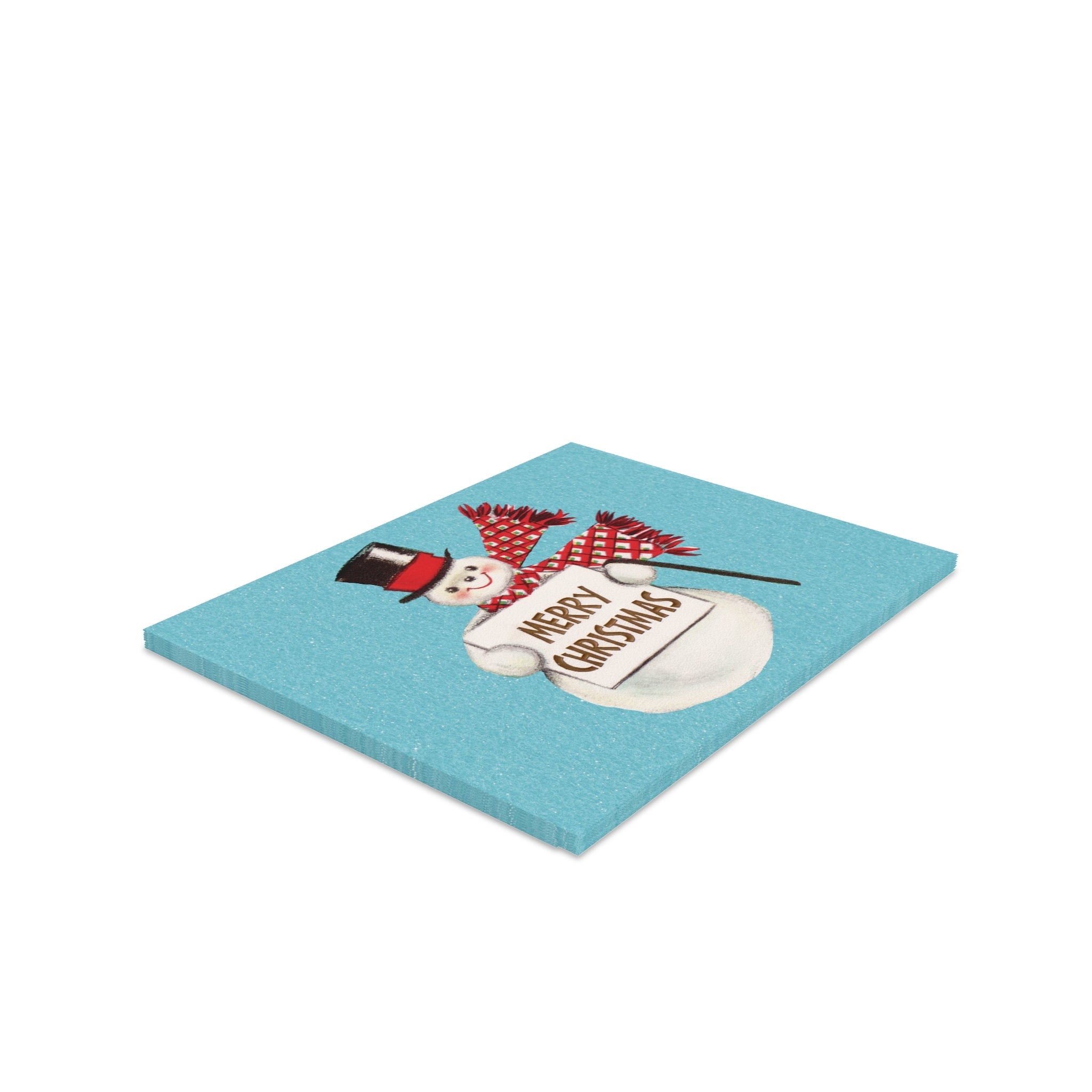 Merry Christmas Snowman Mid Century Retro Christmas Print Blue Matte Greeting Cards (8, 16, and 24 pcs)
