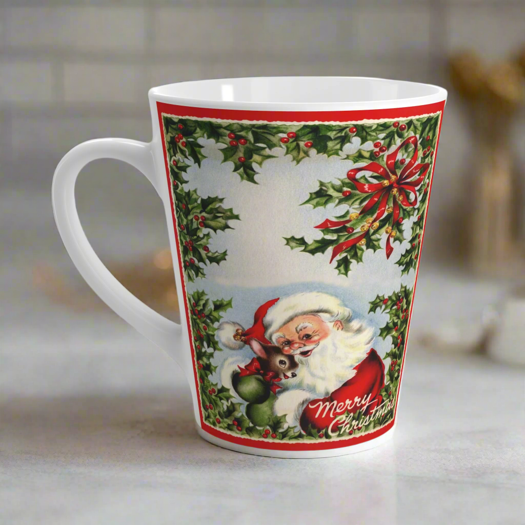 Merry Christmas Santa Hugging Baby Reindeer Retro Latte Coffee Mug