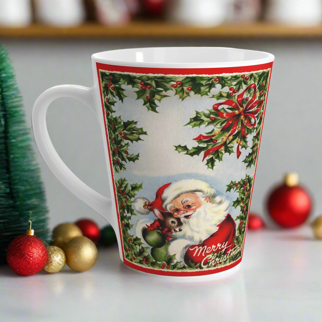 Merry Christmas Santa Hugging Baby Reindeer Retro Latte Coffee Mug