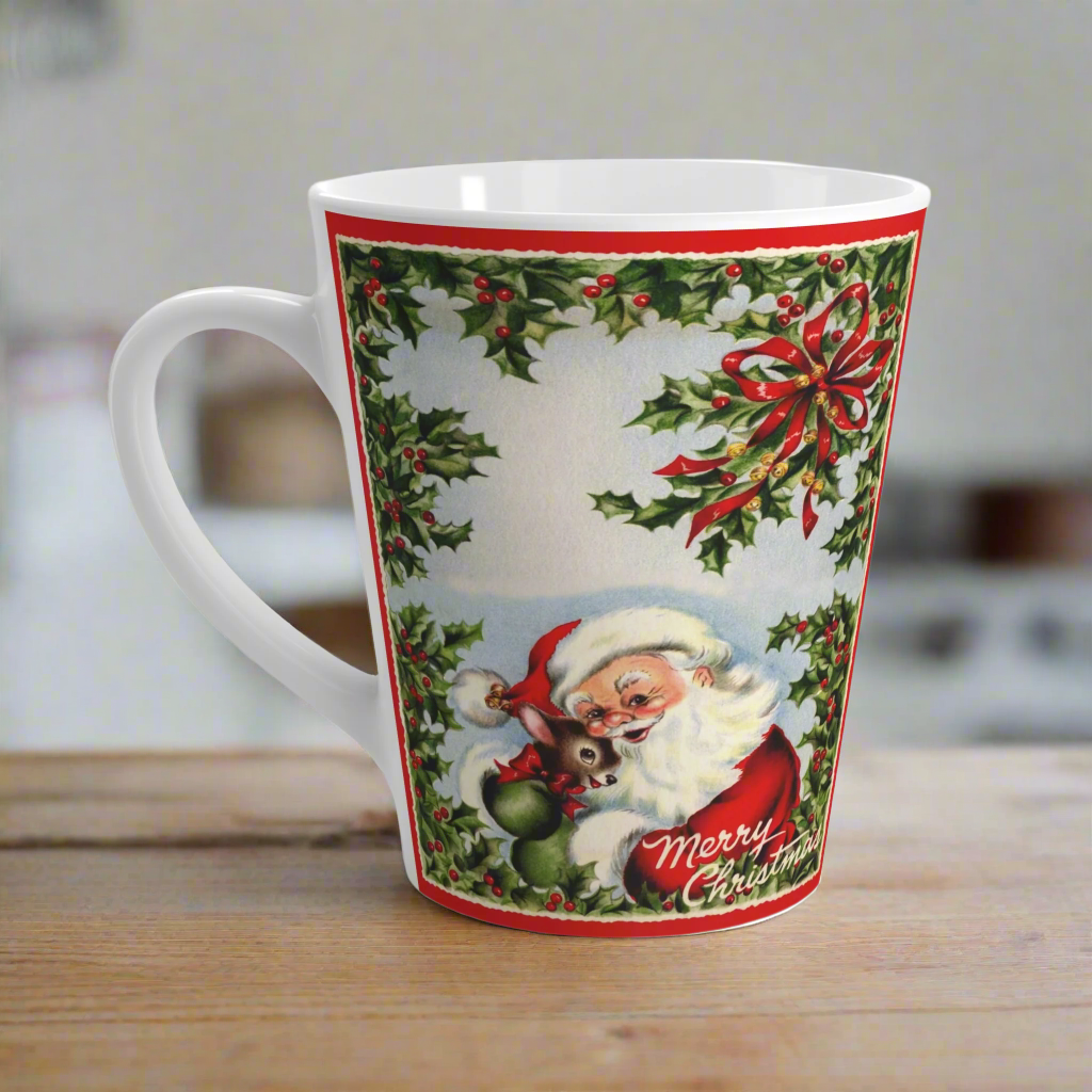 Merry Christmas Santa Hugging Baby Reindeer Retro Latte Coffee Mug