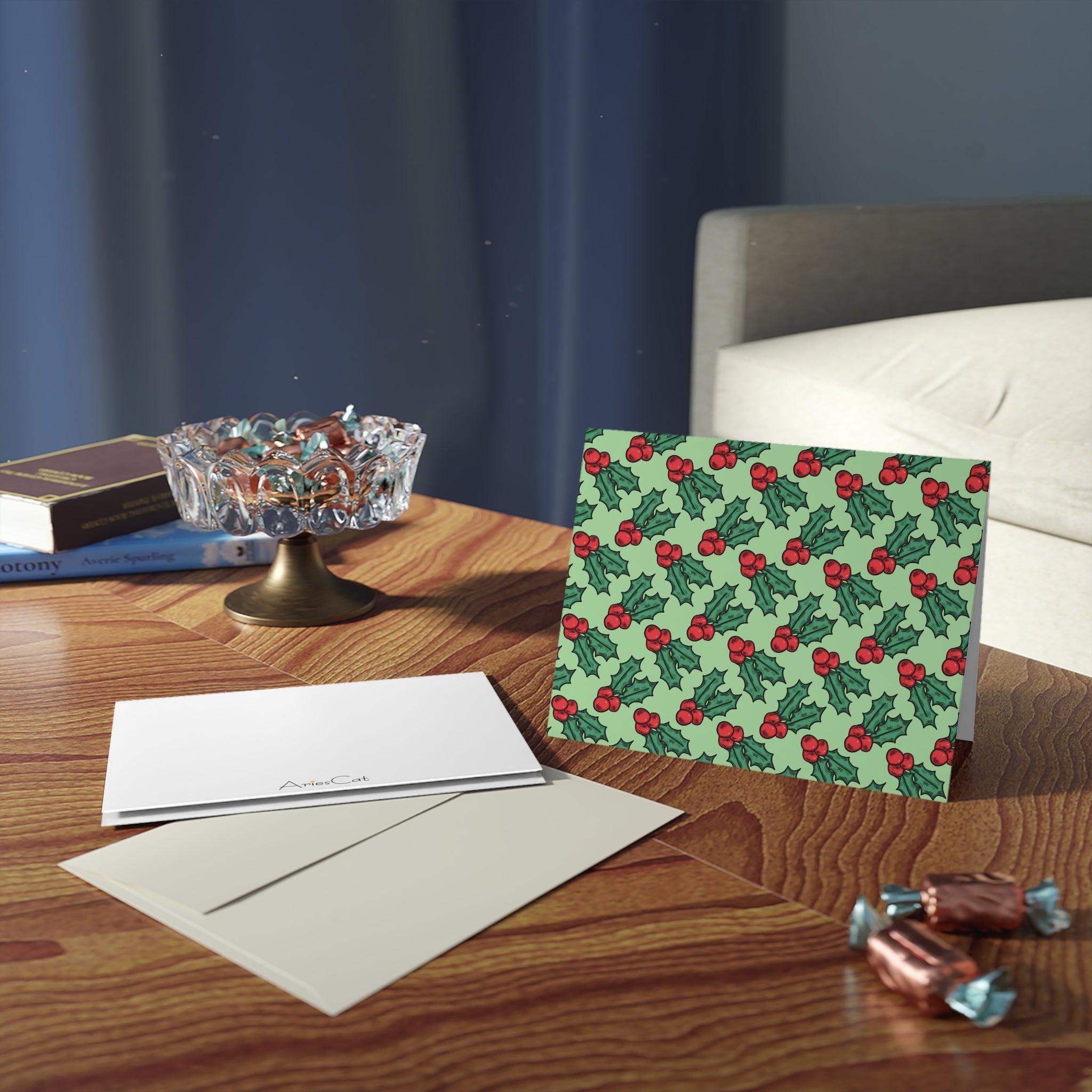 Cute Christmas Holly Print Matte Greeting Cards (8, 16, and 24 pcs)