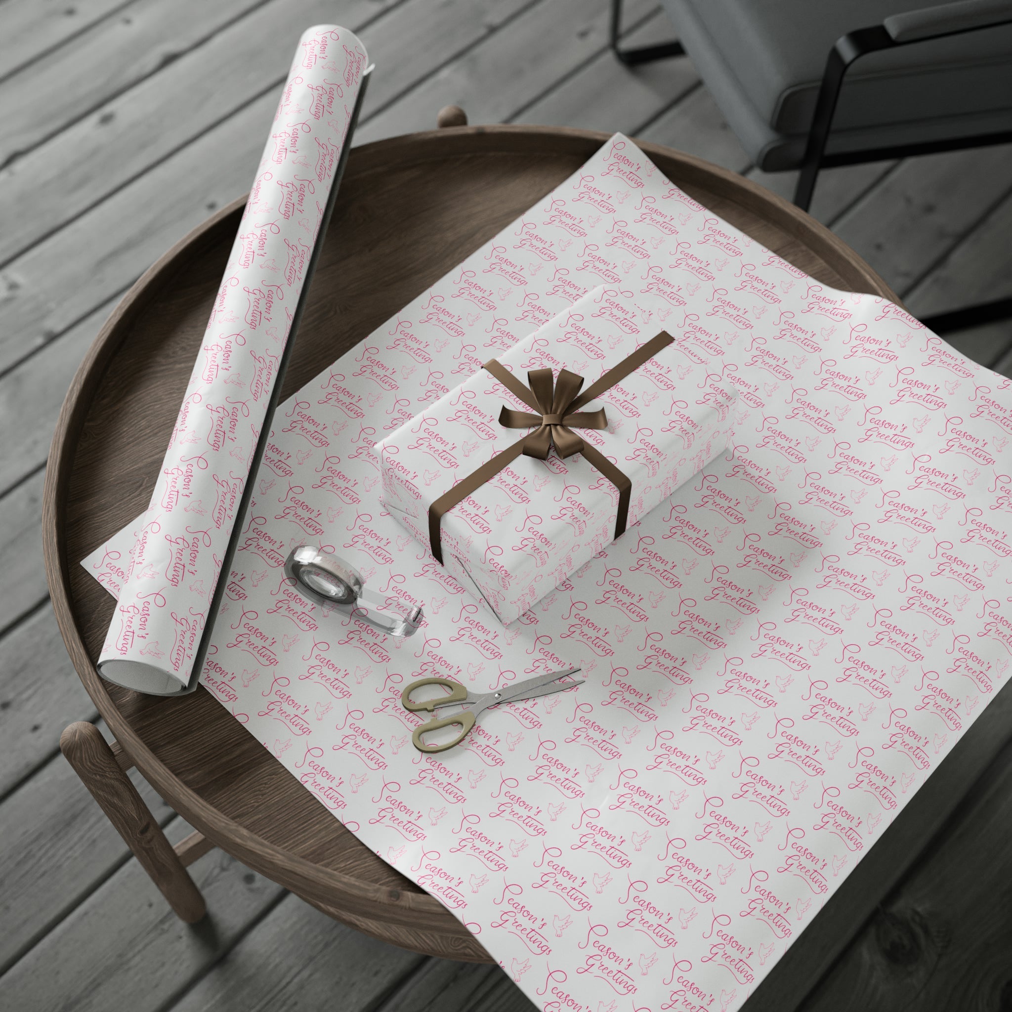 Season's Greetings Pink Dove Pink Retro Style Christmas Print Holiday Gift Wrap Paper - Glossy Or Matte