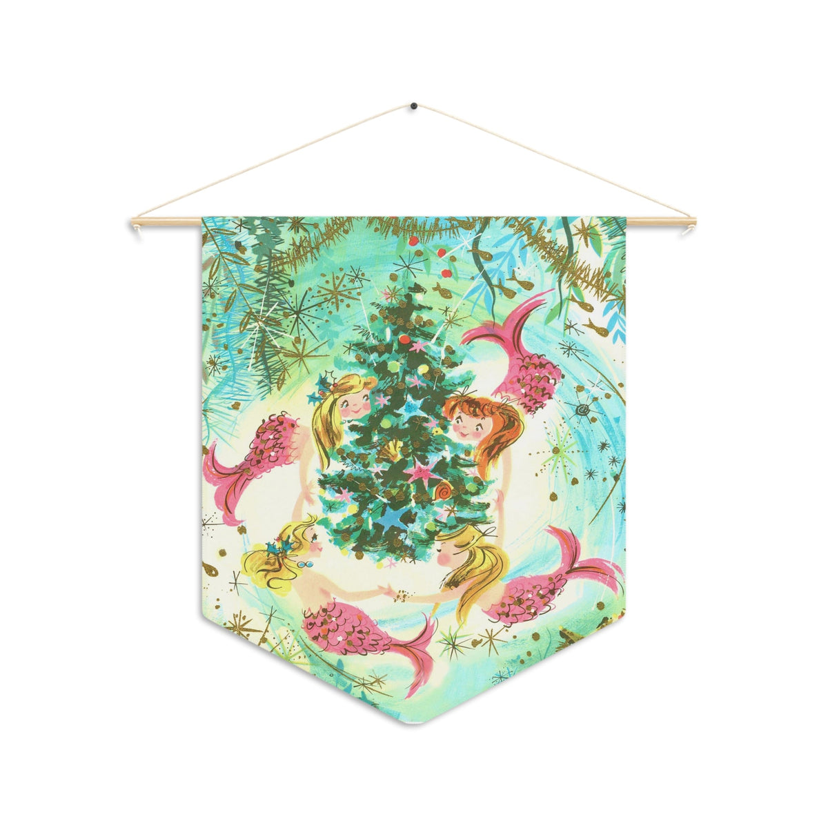 Mermaids Around Christmas Tree Retro Christmas Print Wall Hanging Banner Flag