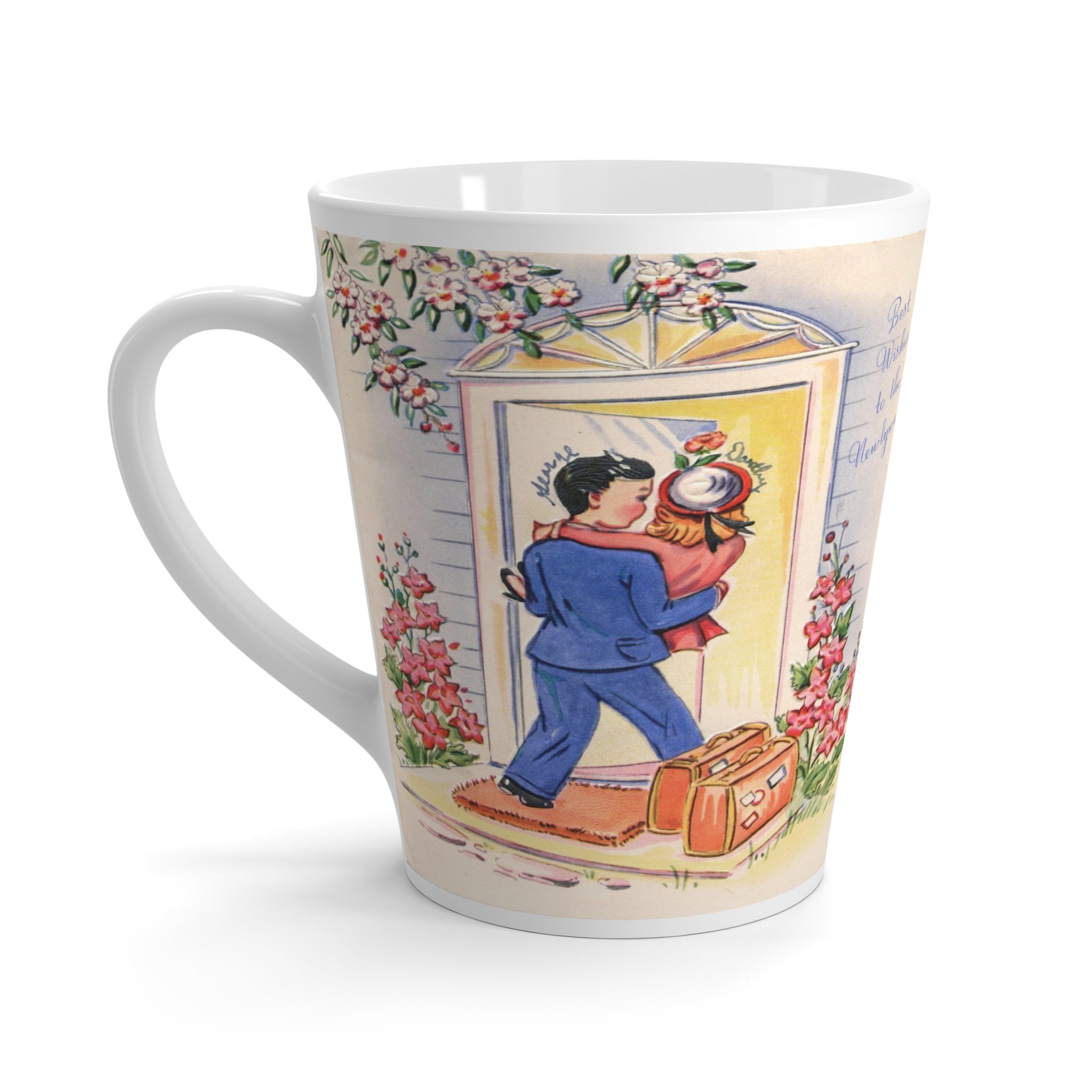Midcentury New Beginnings: Retro Couple Crossing Threshold Latte Mug - Ideal Wedding & Housewarming Gift