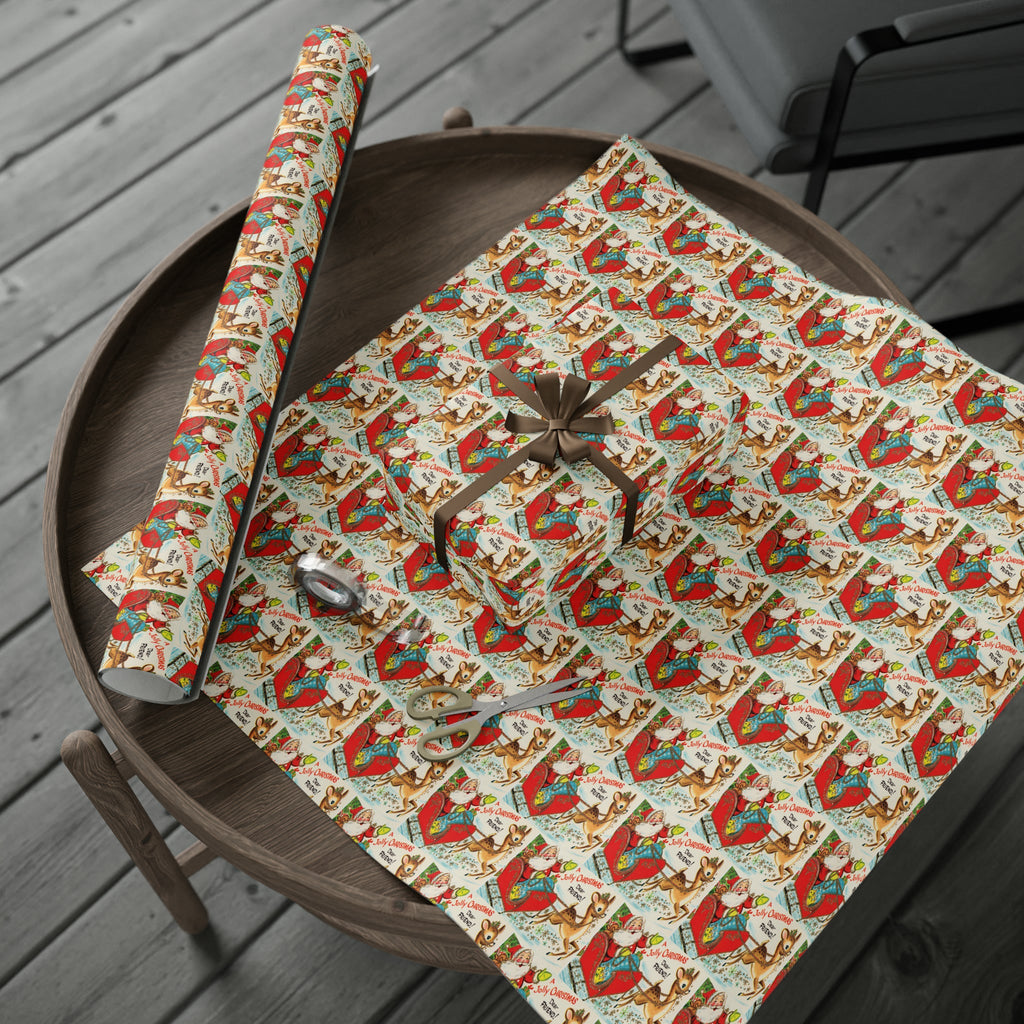 A Jolly Christmas Dear Friend Santa In Sleigh With Reindeer Mid Century Retro Christmas Print Holiday Gift Wrap Paper - Glossy Or Matte