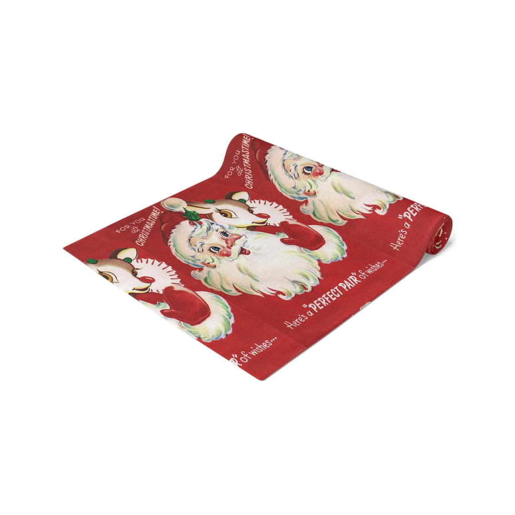 For You At Christmastime Santa And Rudolph Red Retro Christmas Print Home Decor Cotton Poly Table Runner