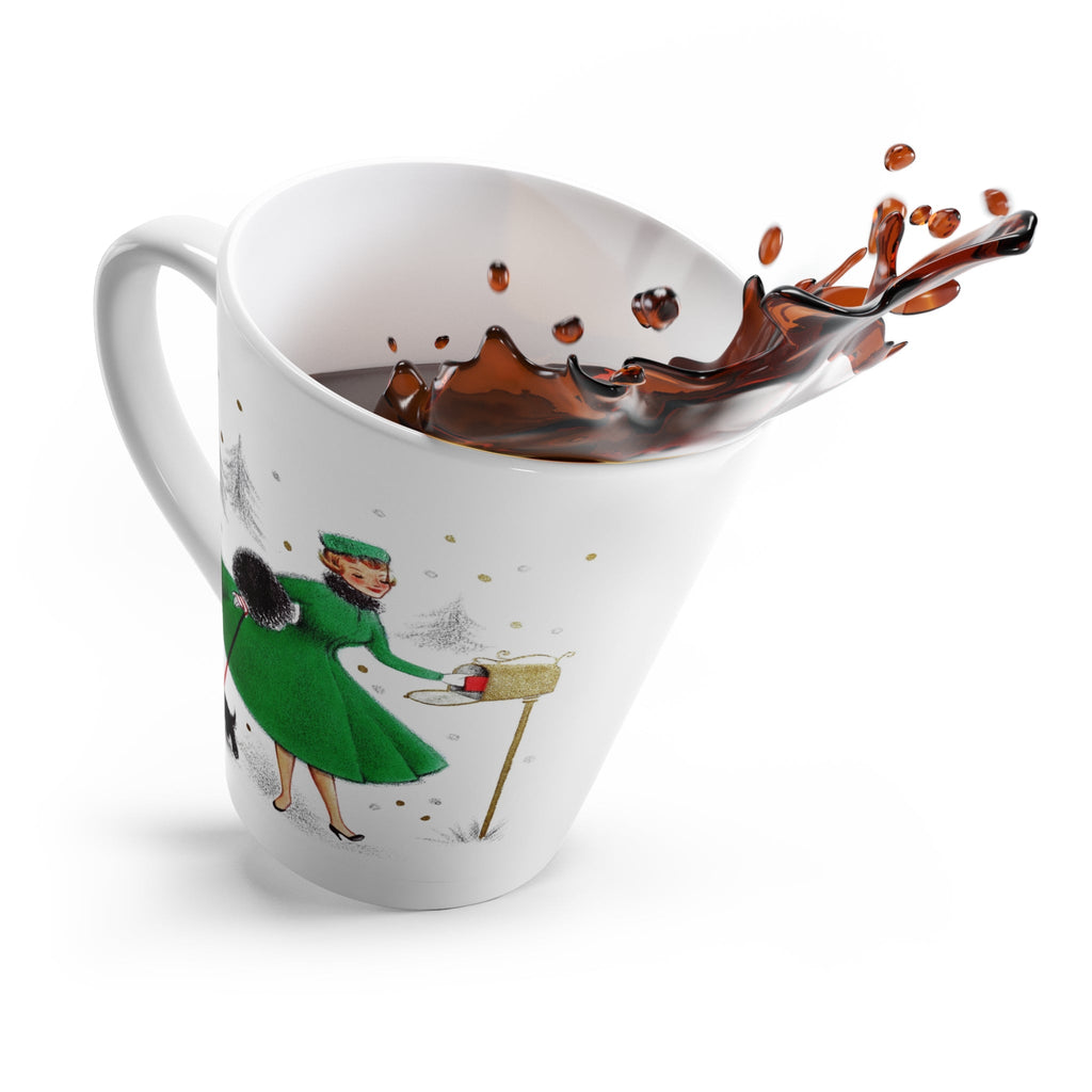 Christmas Lady With Black Scottie Dog At Mailbox Mid Century Retro Christmas Print Latte Mug