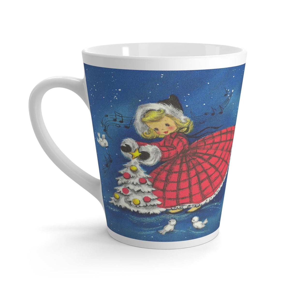 Christmas Girl With White Birds Christmas Tree Retro Christmas Print Latte Coffee Mug