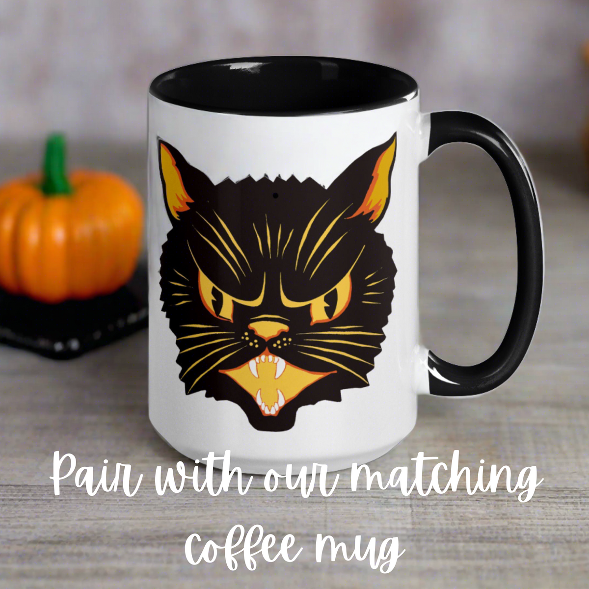 Black Cat Vintage Retro Halloween Print Orange Cork-back Coaster