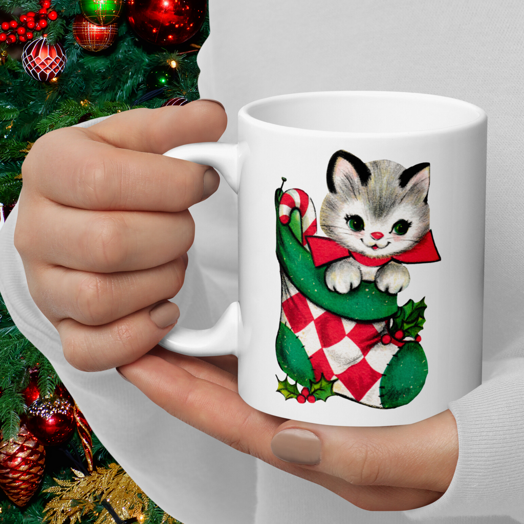 Christmas Kitten In Stocking Midcentury Retro Christmas Glossy Coffee Mug