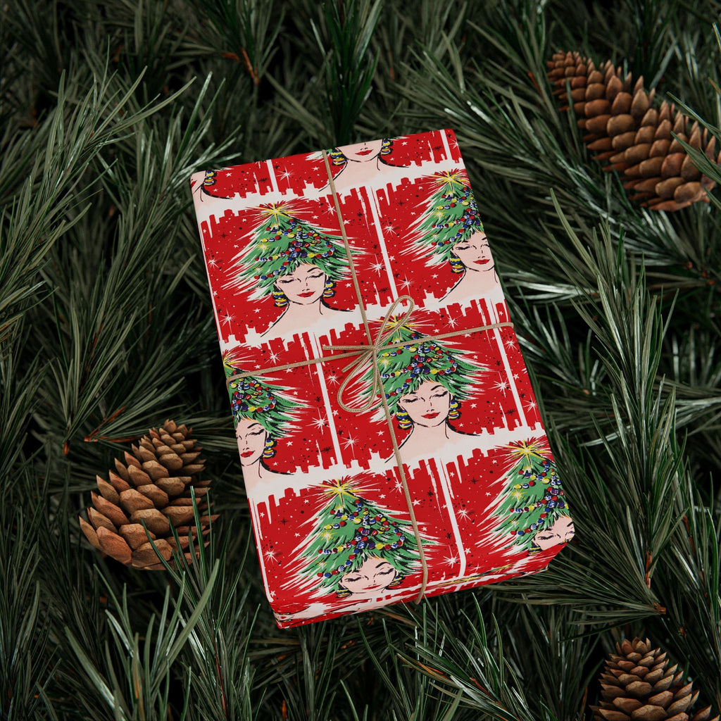Christmas Tree Hat Lady Midcentury Retro Christmas Print Holiday Gift Wrap Paper - Glossy Or Matte