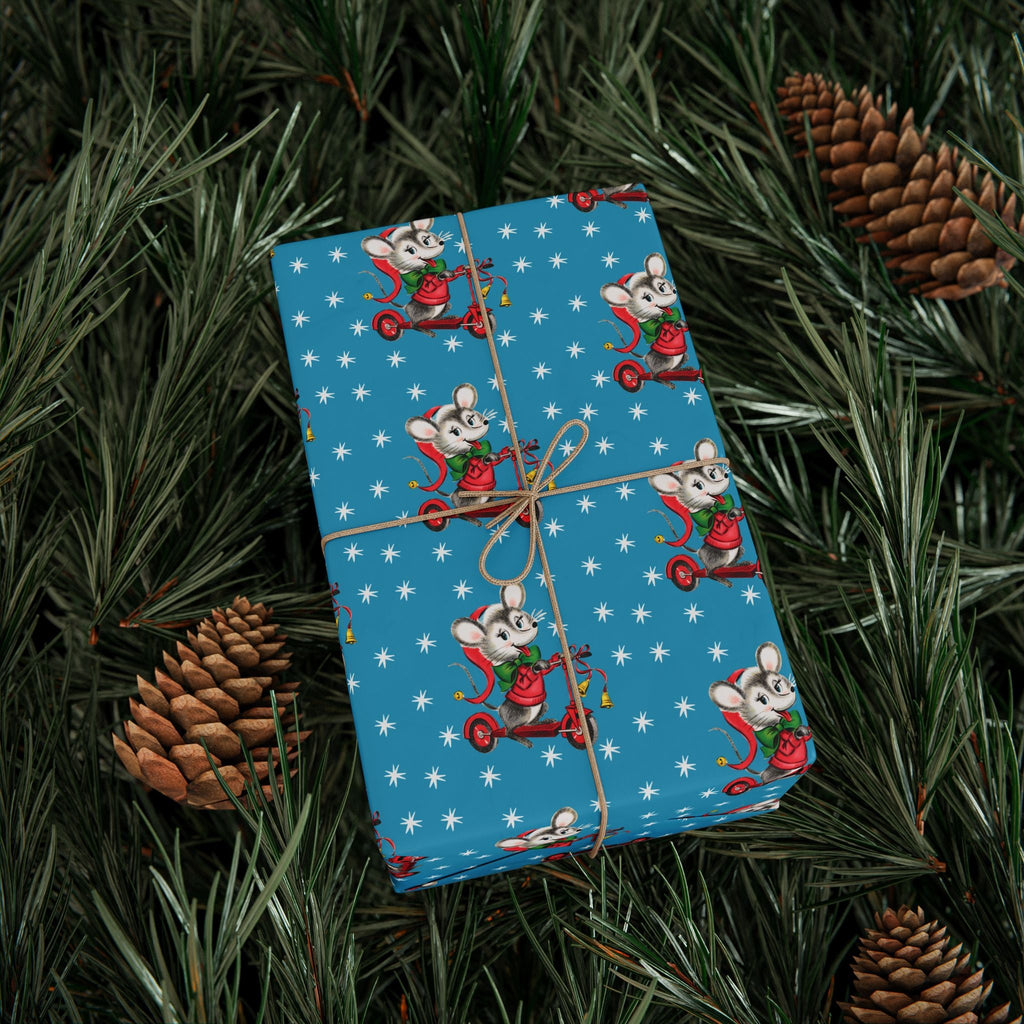Christmas Mouse On Scooter Stars Mid Century Retro Christmas Print Holiday Gift Wrap Paper - Glossy Or Matte