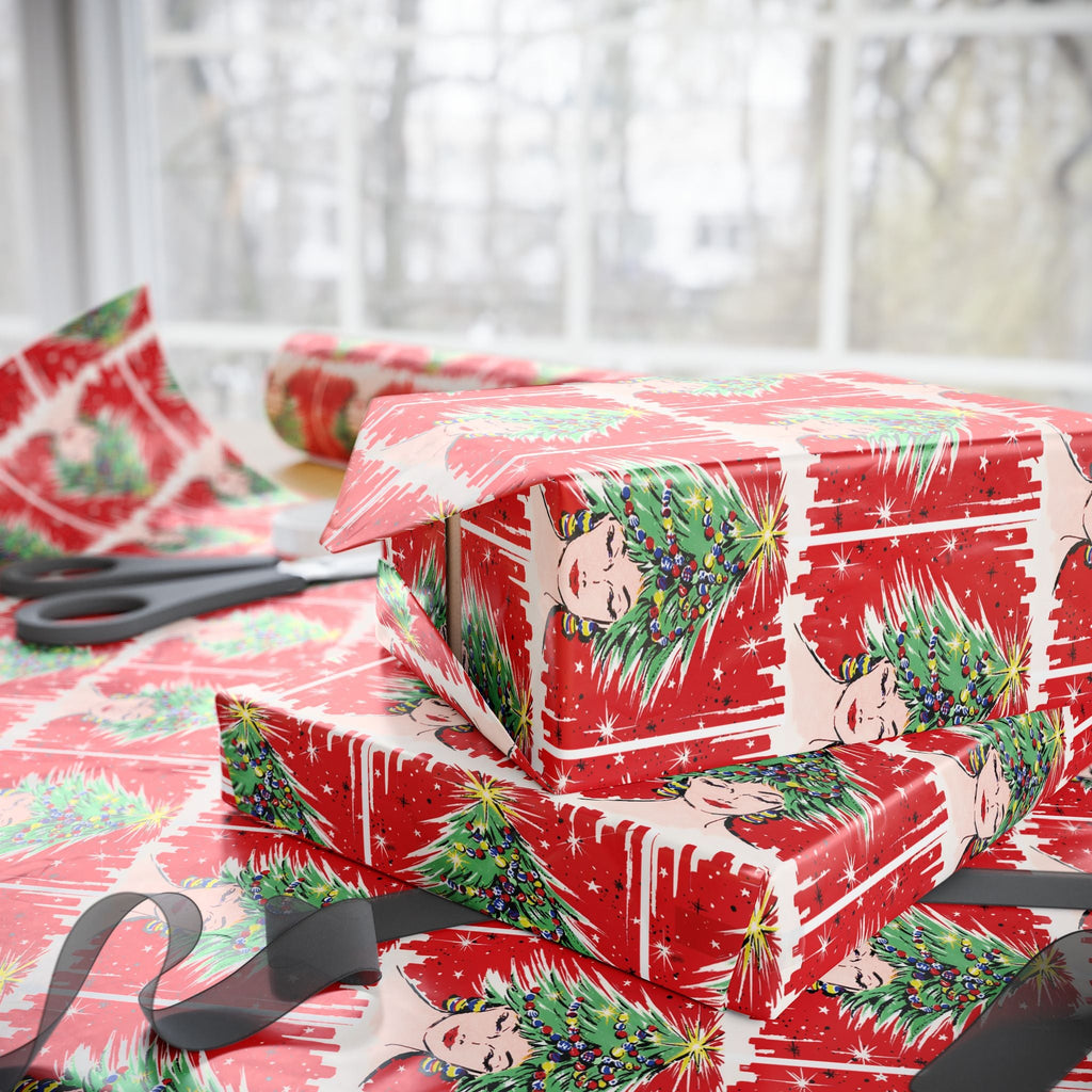 Christmas Tree Hat Lady Midcentury Retro Christmas Print Holiday Gift Wrap Paper - Glossy Or Matte