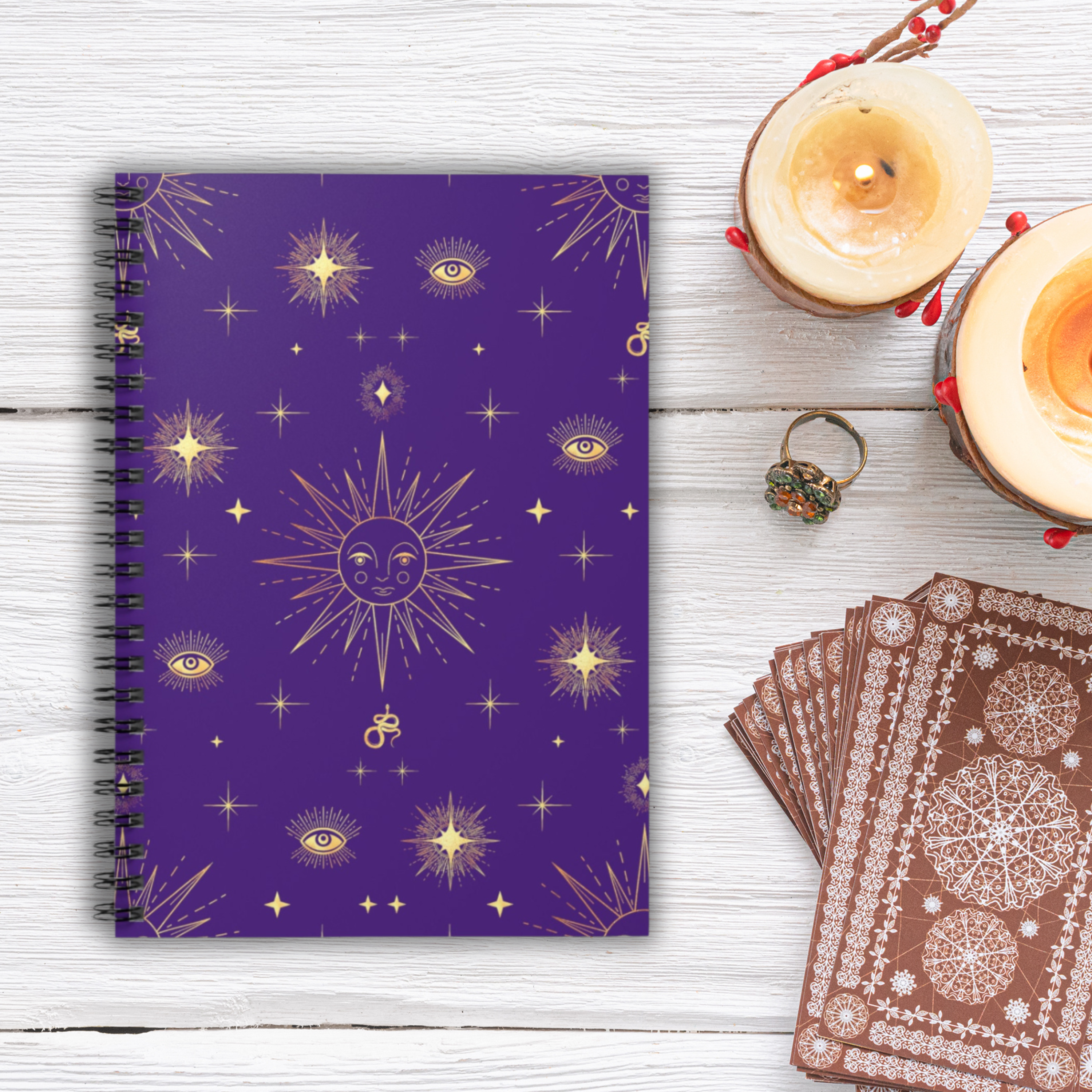 Gold Sun Stars Celestial Tarot Purple Spiral Ruled Line Notebook