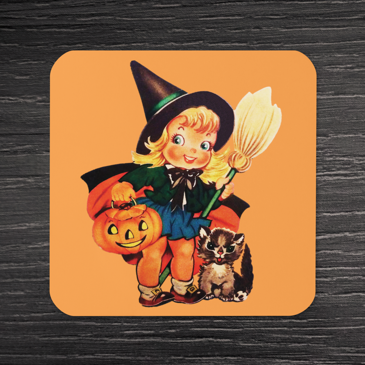 Little Witch With Cat And Broom Retro Halloween Cork-back Coaster