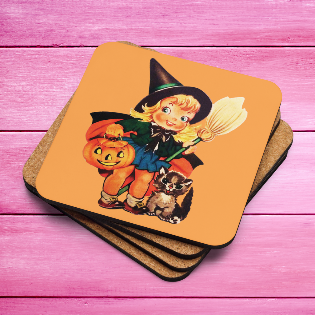 Little Witch With Cat And Broom Retro Halloween Cork-back Coaster