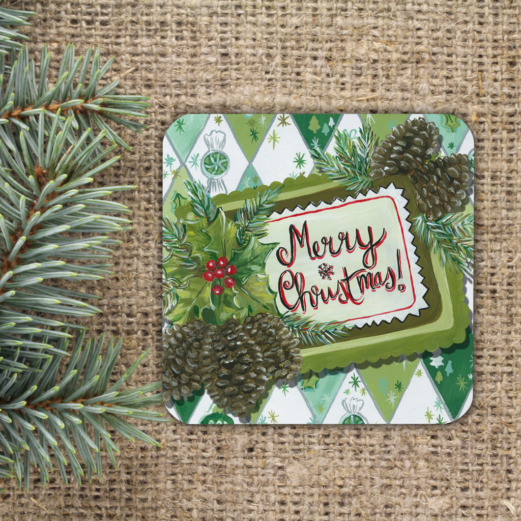 Merry Christmas Pinecones Retro Cork-back Coaster