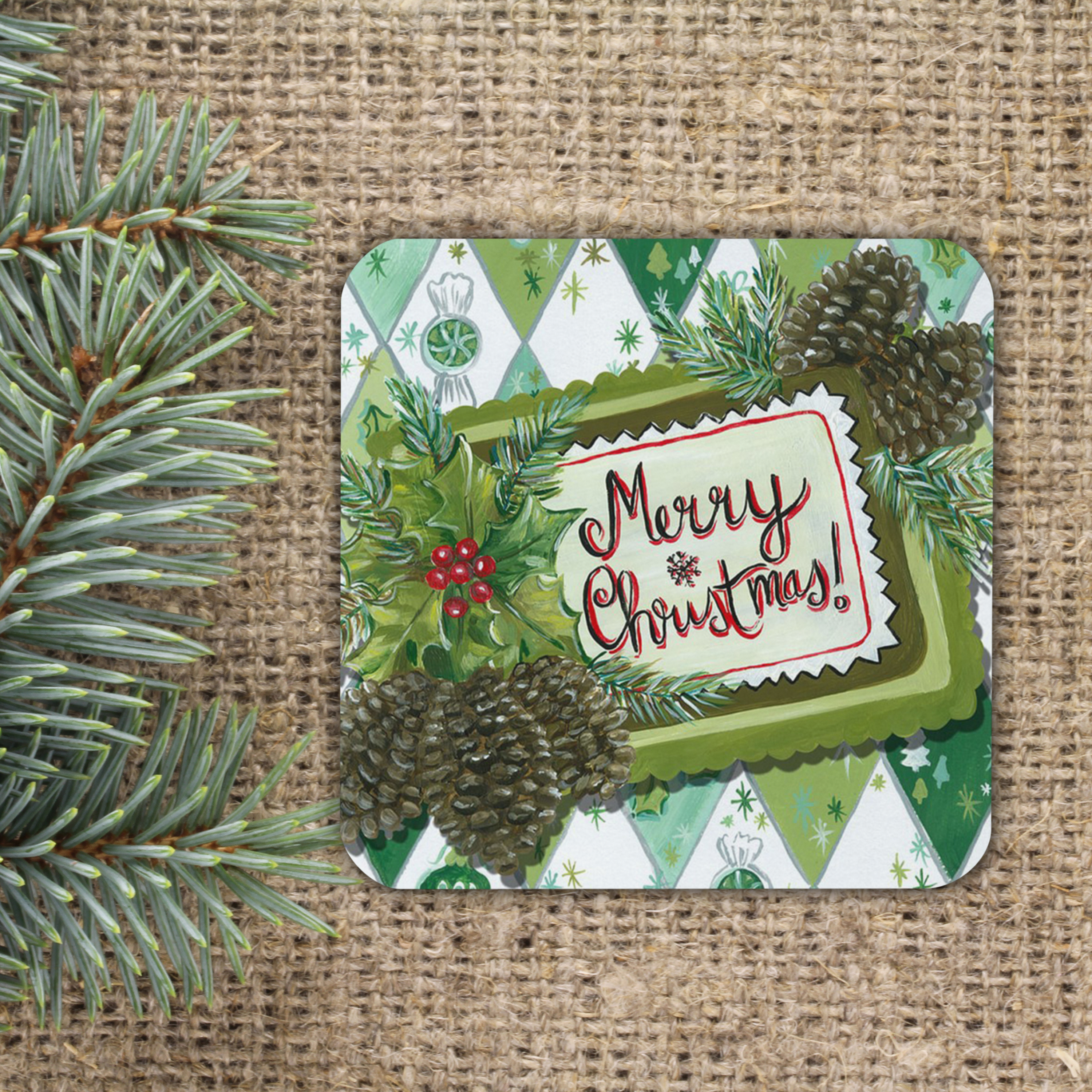 Merry Christmas Pinecones Retro Cork-back Coaster