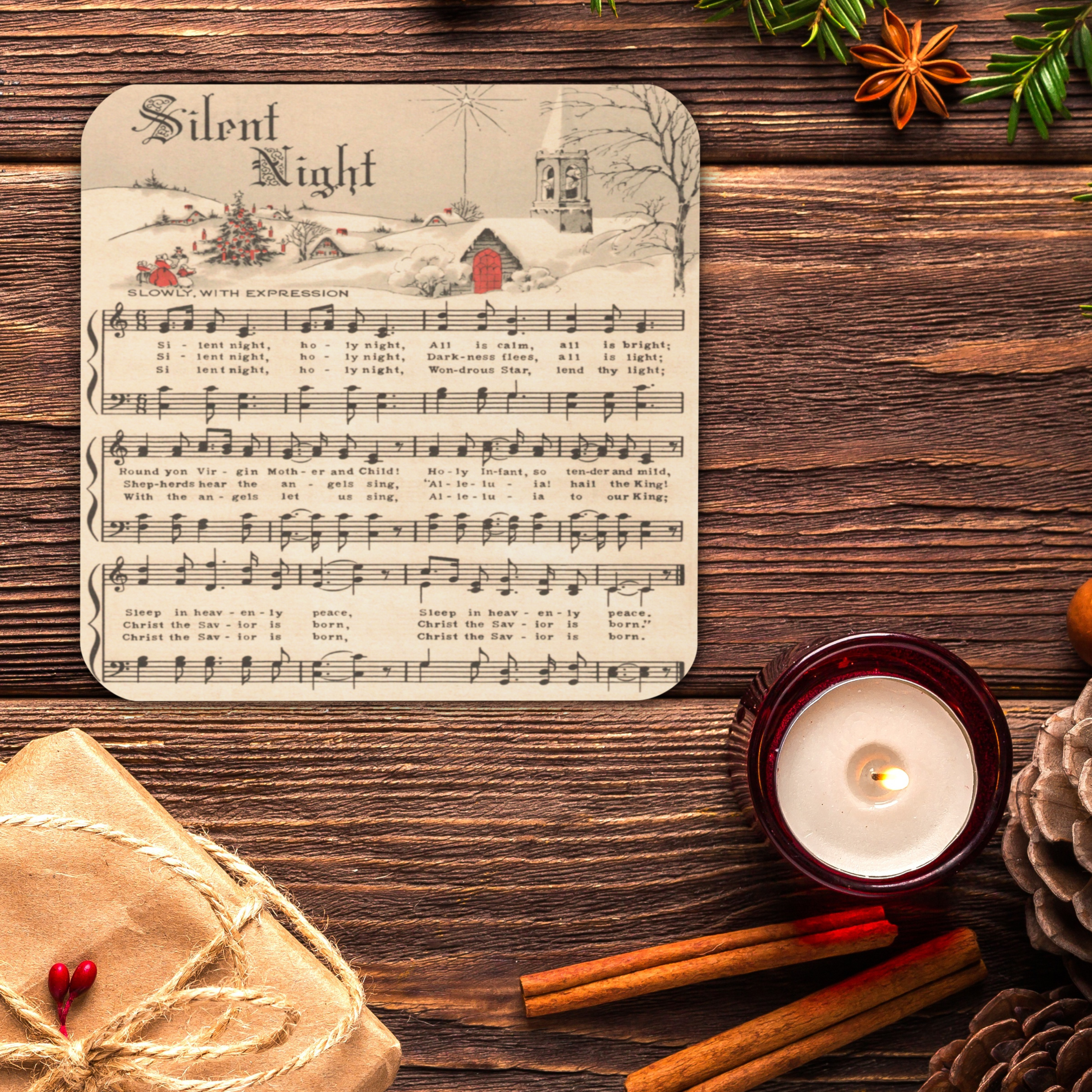 Silent Night Vintage Sheet Music Retro Christmas Print Cork-back Coaster