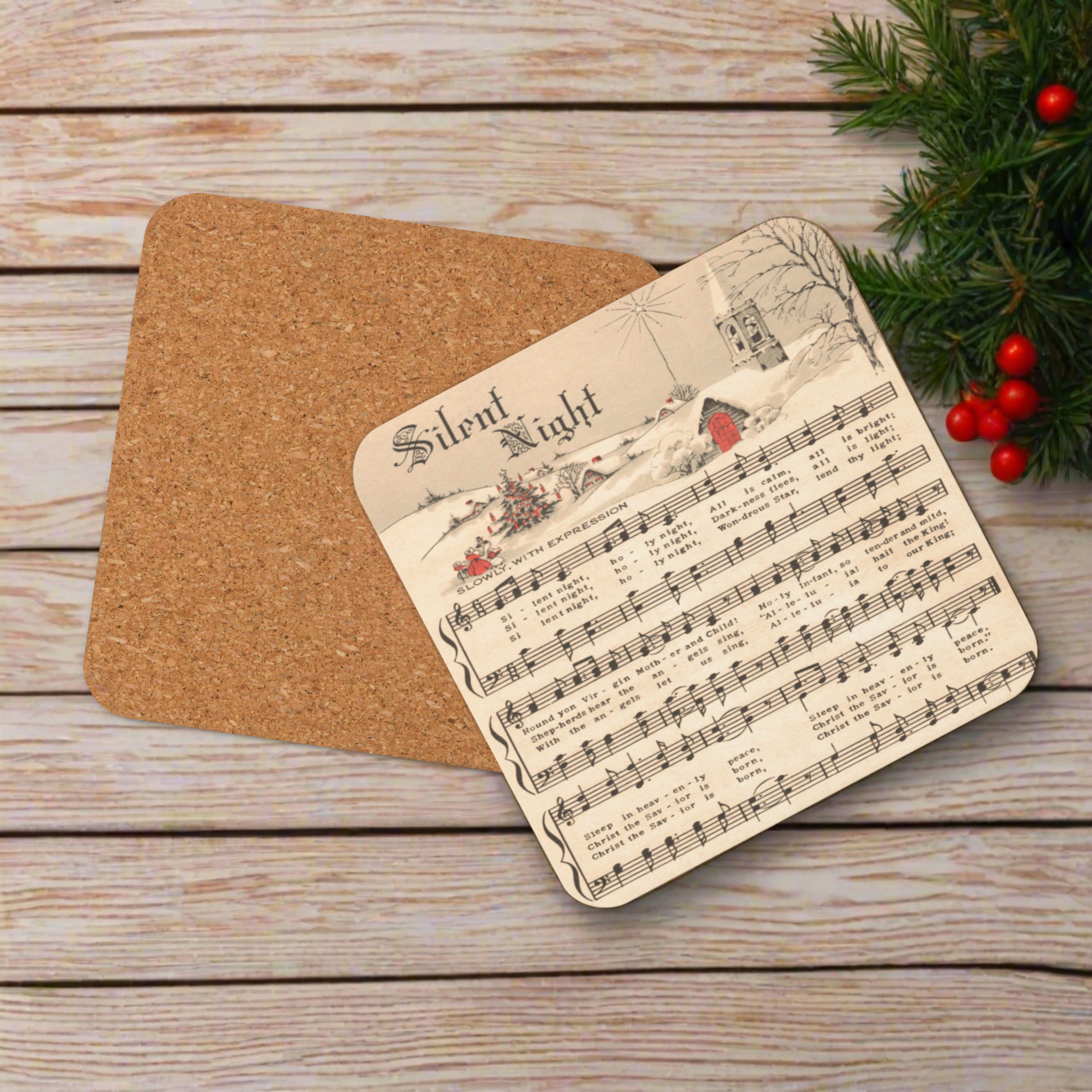 Silent Night Vintage Sheet Music Retro Christmas Print Cork-back Coaster