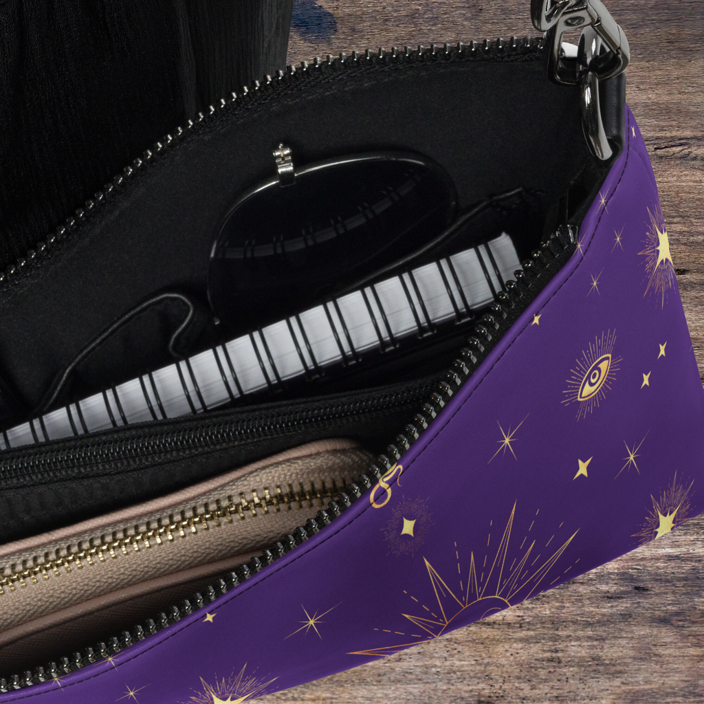 Celestial Gold Sun Stars Purple Tarot Crossbody Bag Shoulder Purse Clutch Wristlet