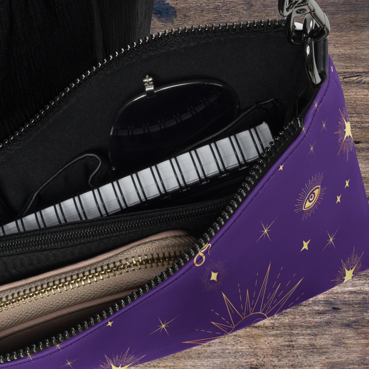 Celestial Gold Sun Stars Purple Tarot Crossbody Bag Shoulder Purse Clutch Wristlet
