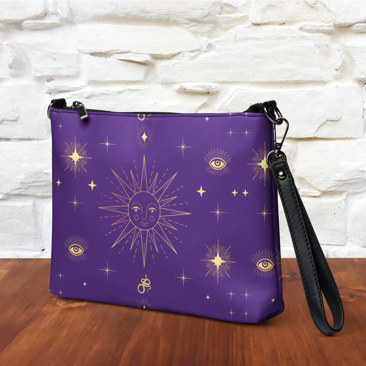 Celestial Gold Sun Stars Purple Tarot Crossbody Bag Shoulder Purse Clutch Wristlet