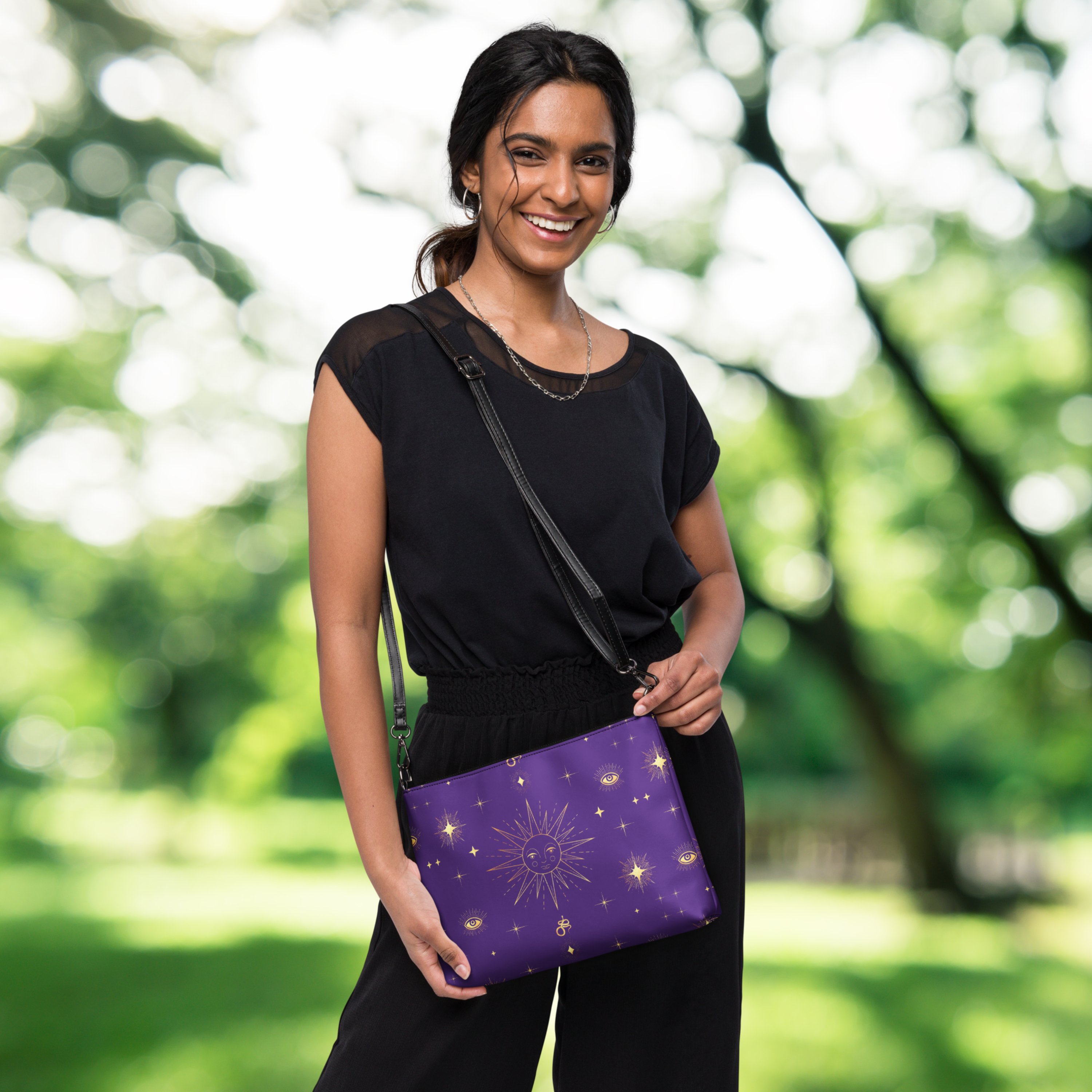 Celestial Gold Sun Stars Purple Tarot Crossbody Bag Shoulder Purse Clutch Wristlet