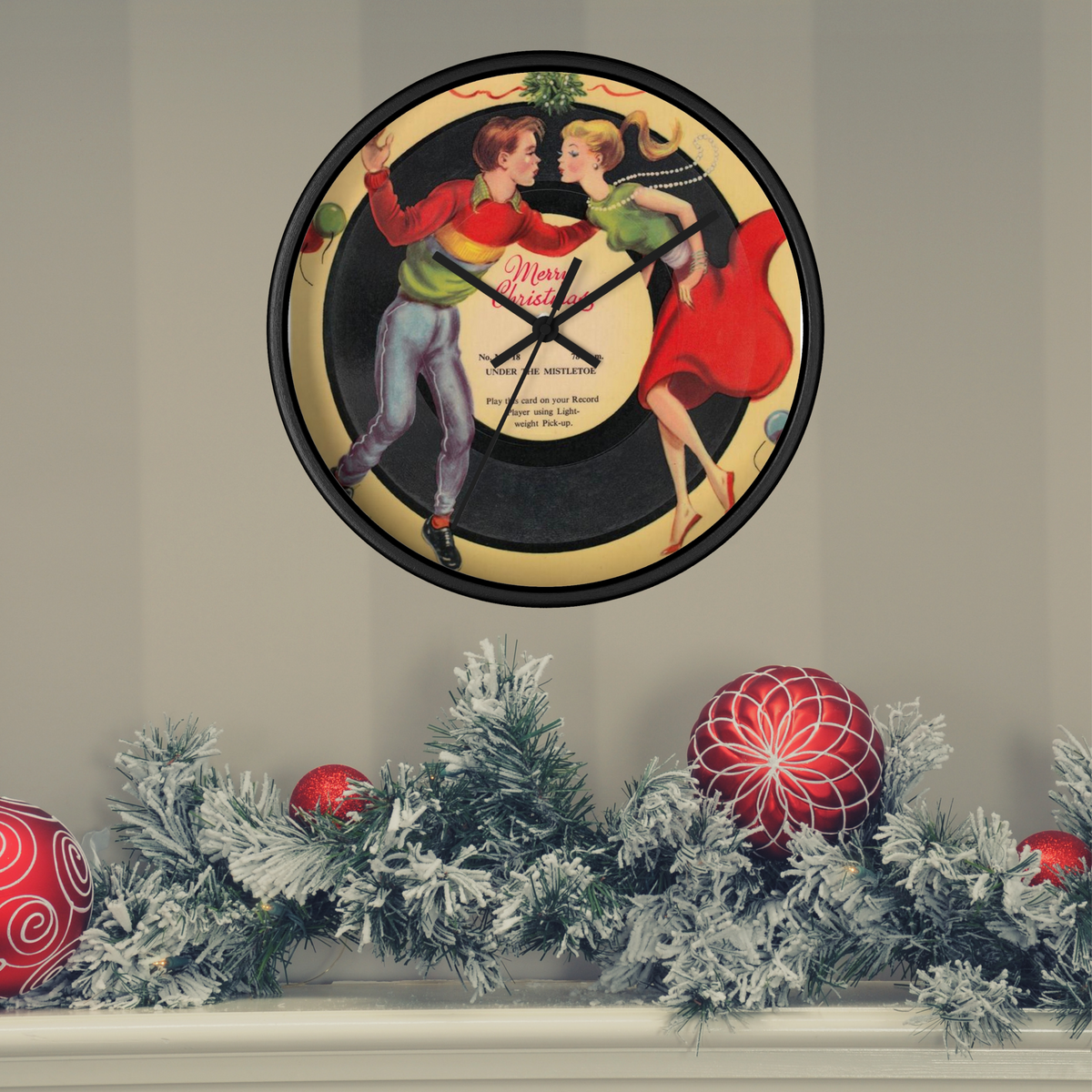 Under The Mistletoe Merry Christmas Couple Record Retro Black Wooden Wall Clock