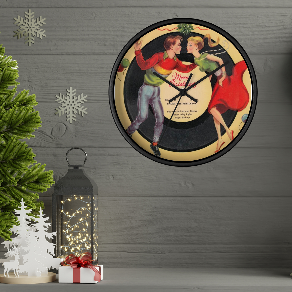 Under The Mistletoe Merry Christmas Couple Record Retro Black Wooden Wall Clock