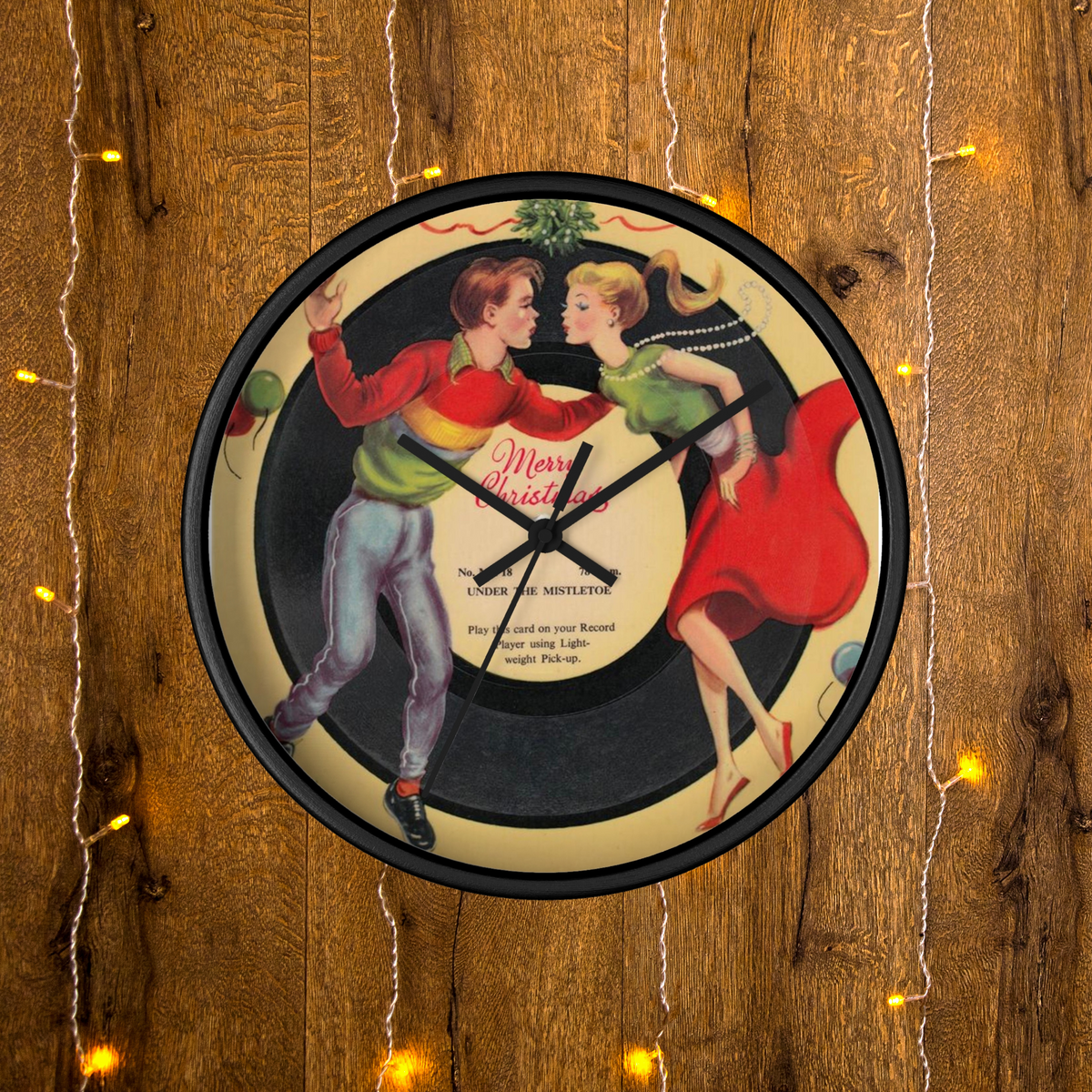 Under The Mistletoe Merry Christmas Couple Record Retro Black Wooden Wall Clock