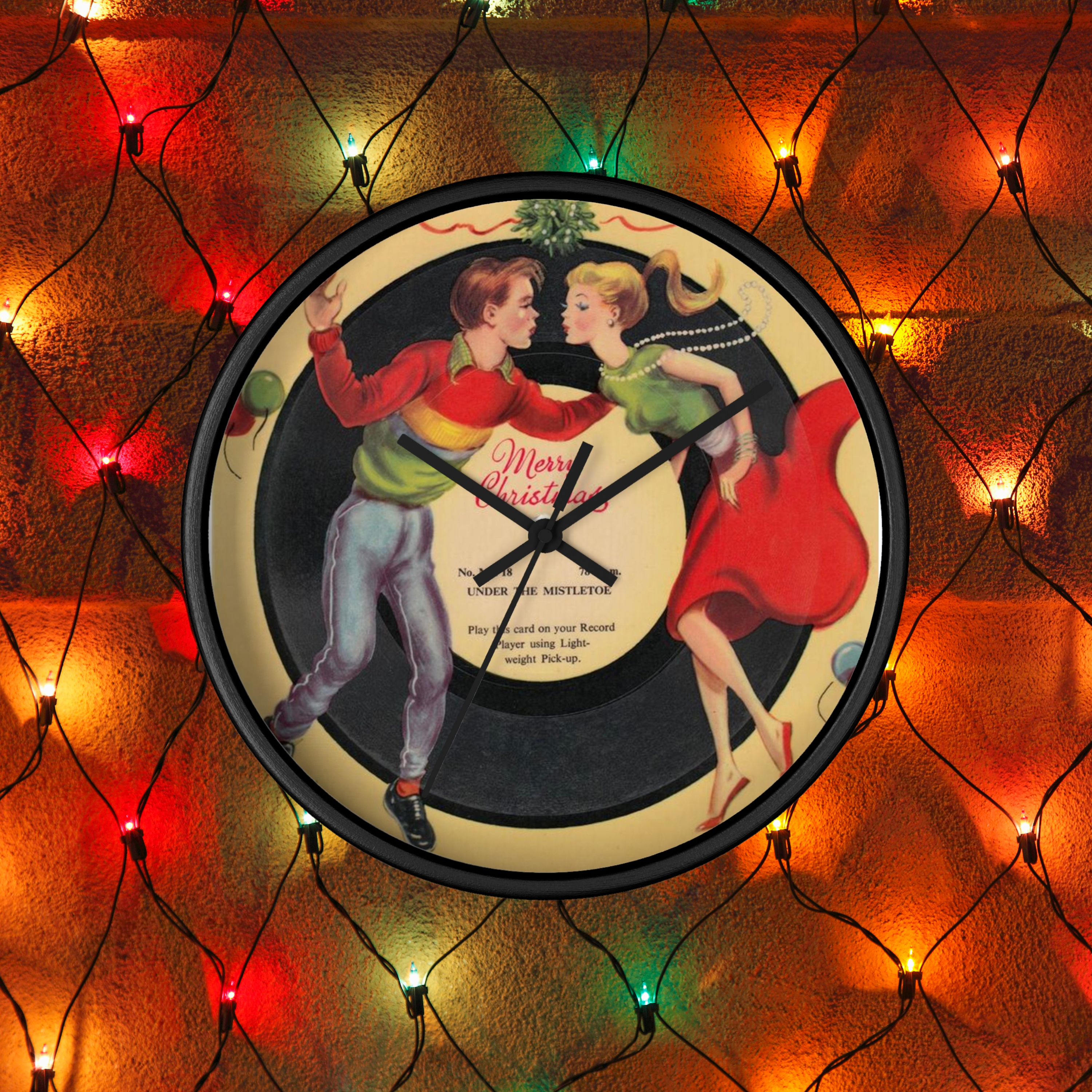 Under The Mistletoe Merry Christmas Couple Record Retro Black Wooden Wall Clock