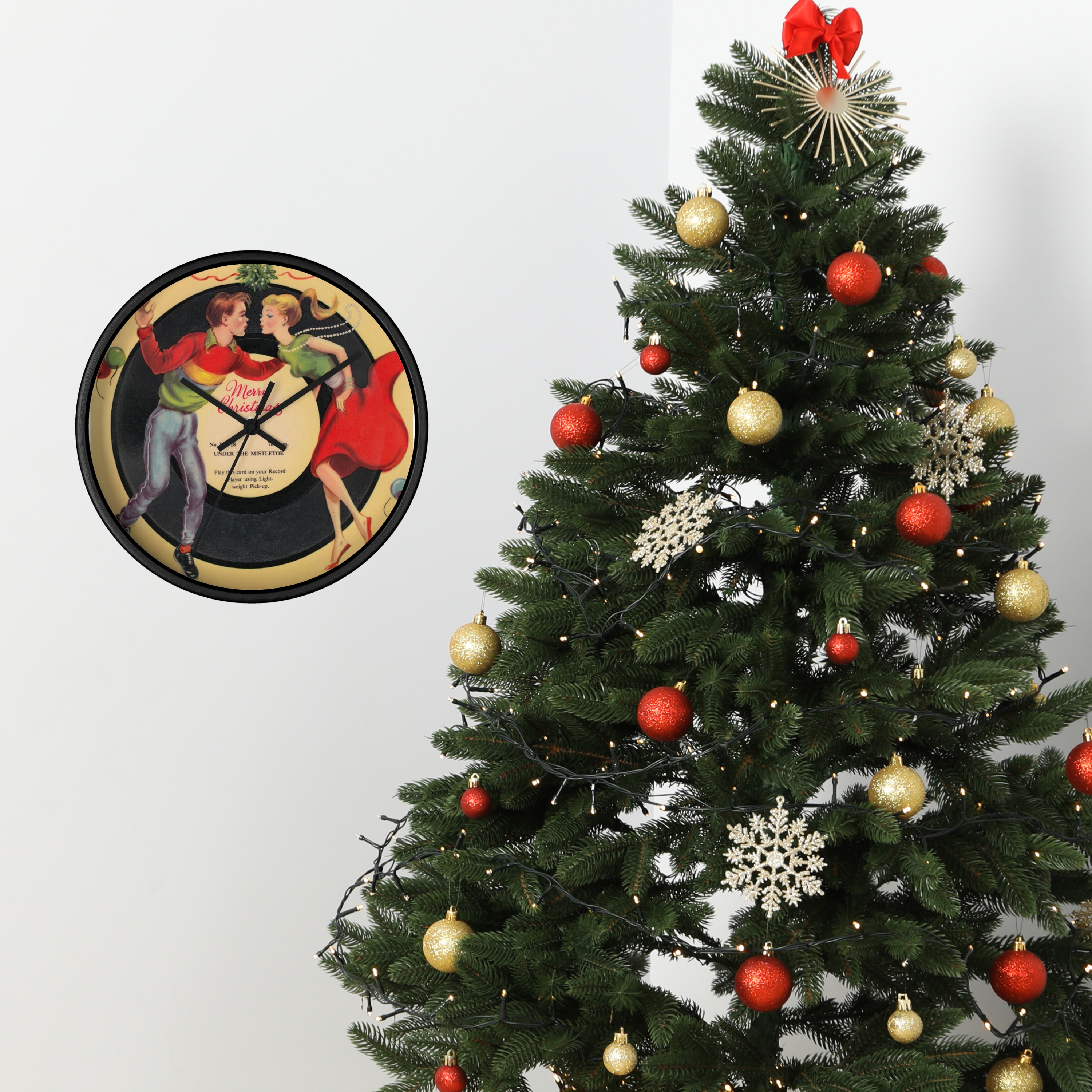 Under The Mistletoe Merry Christmas Couple Record Retro Black Wooden Wall Clock
