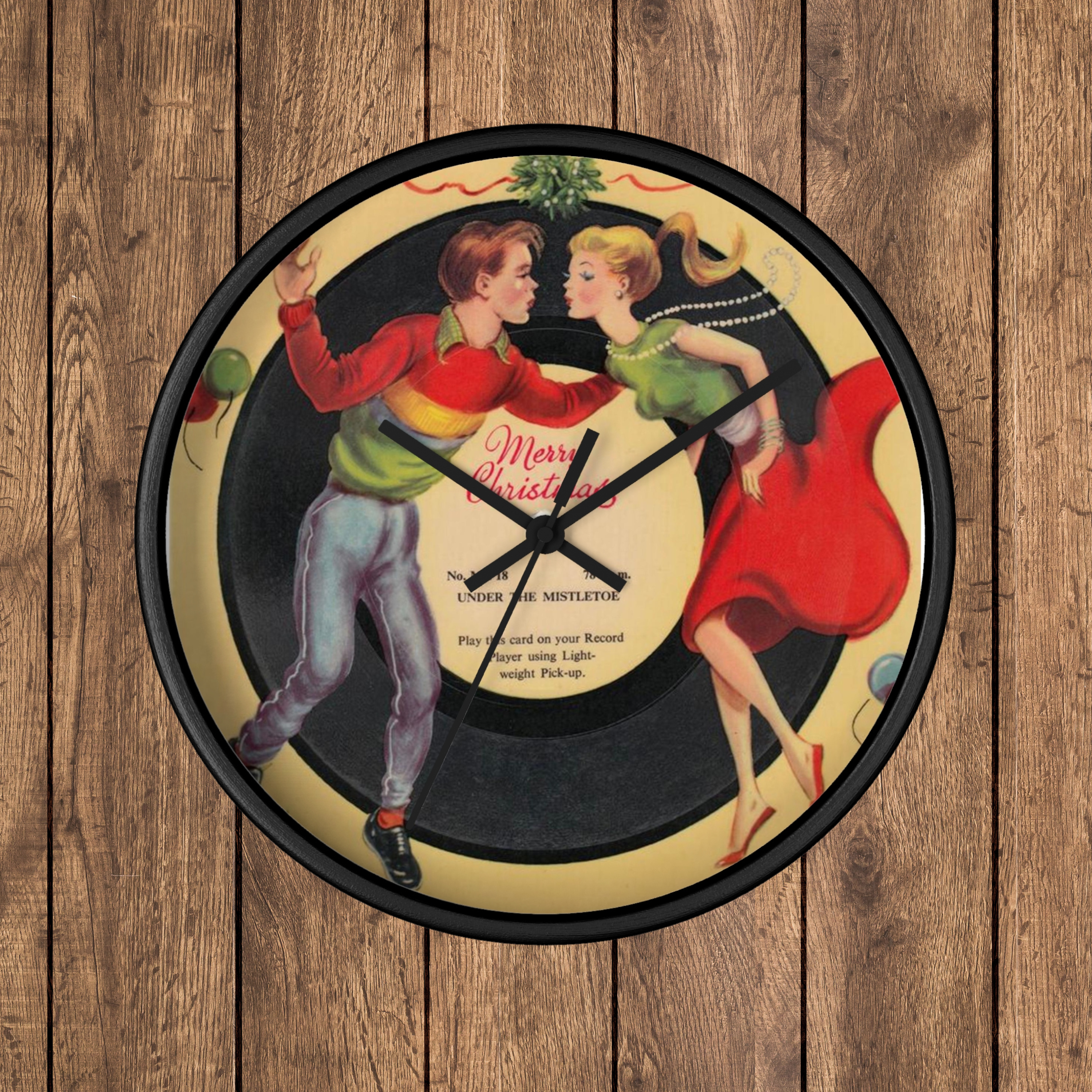 Under The Mistletoe Merry Christmas Couple Record Retro Black Wooden Wall Clock