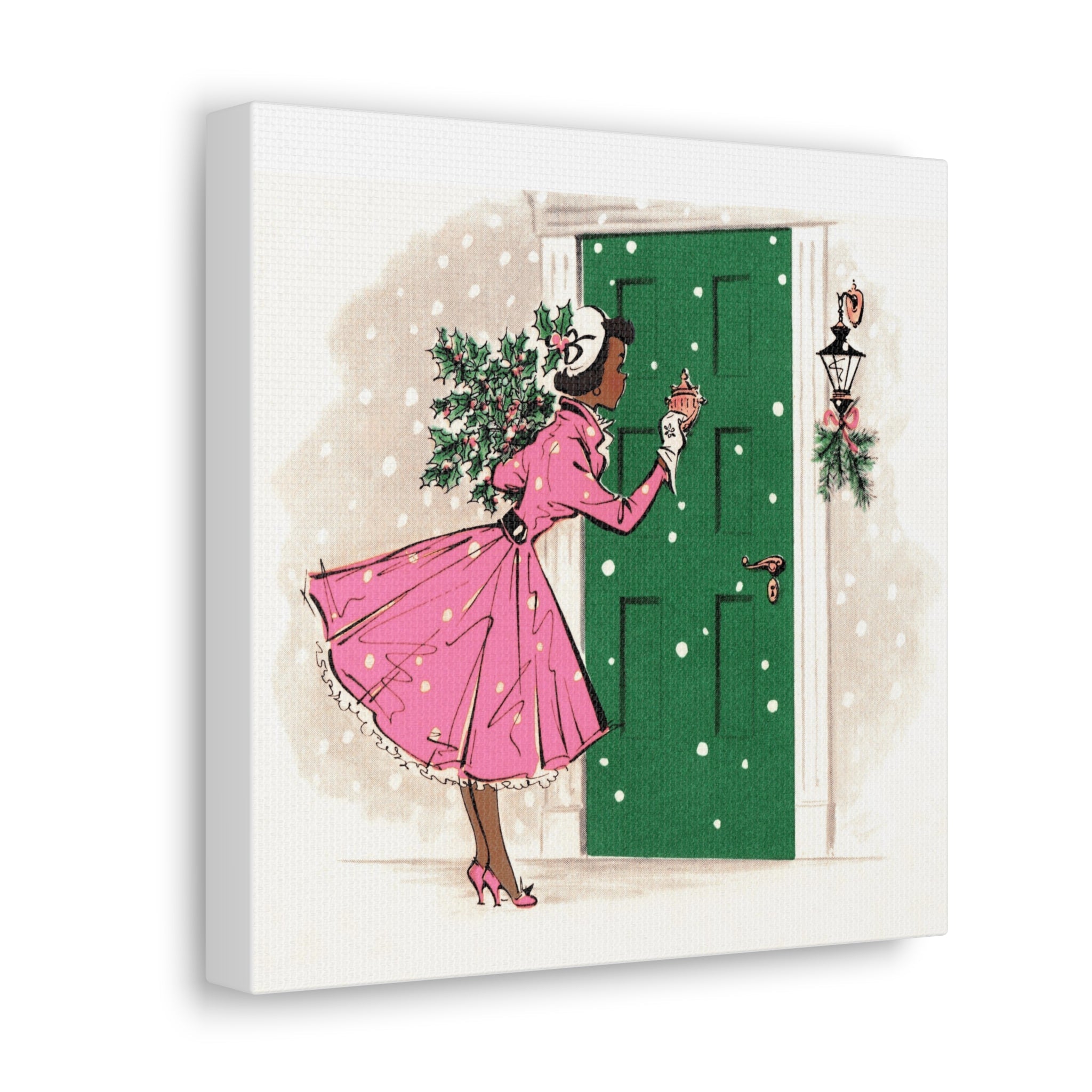 Christmas Lady With Pine Holly Retro Christmas Print Canvas Gallery Wrap
