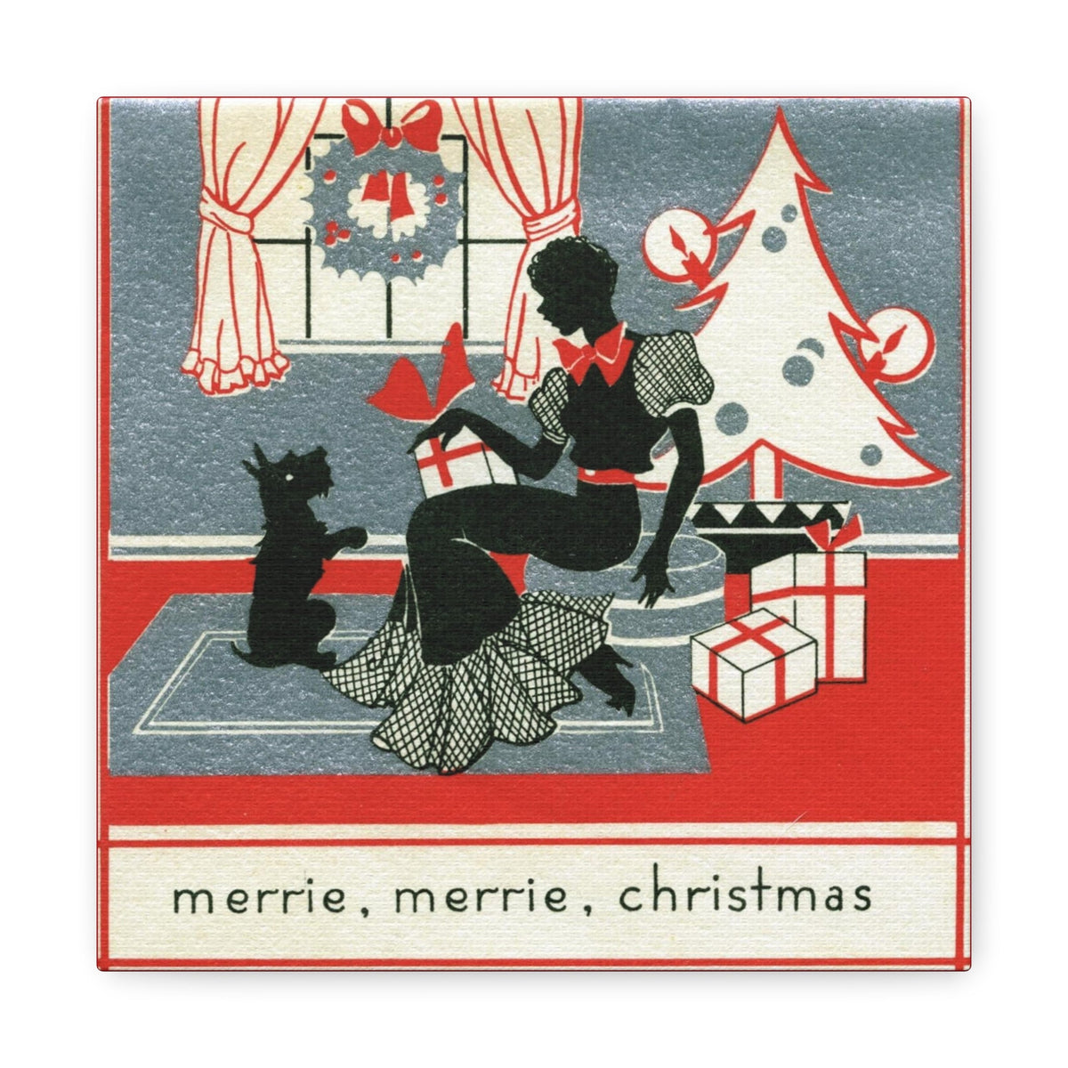 Merrie, Merrie Christmas Woman And Scottie Mid Century Retro Christmas Canvas Gallery Wrap