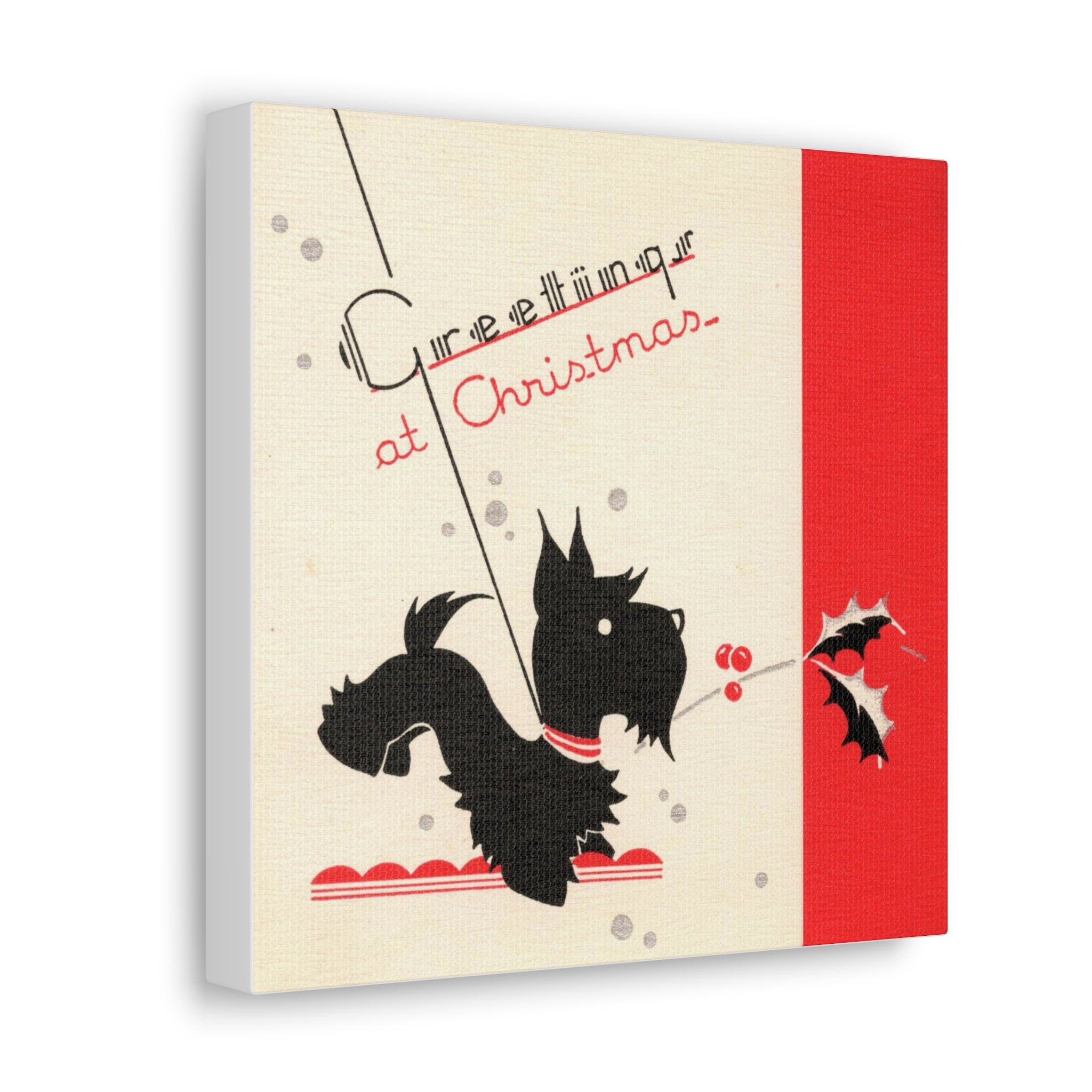 Greetings At Christmas Black Scottie Mid Century Retro Christmas Print Canvas Gallery Wrap