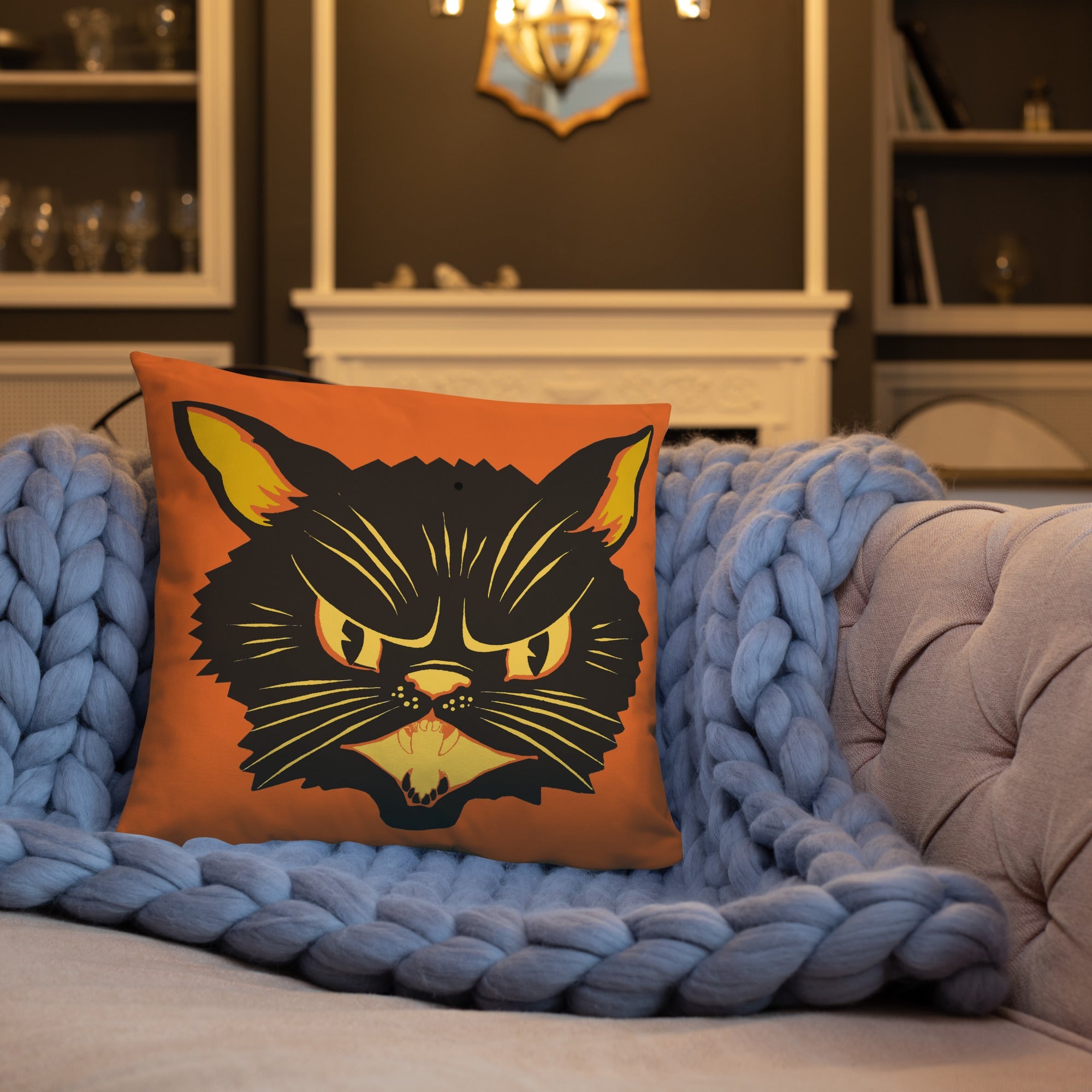 Black Cat Orange Retro Halloween Square Pillow