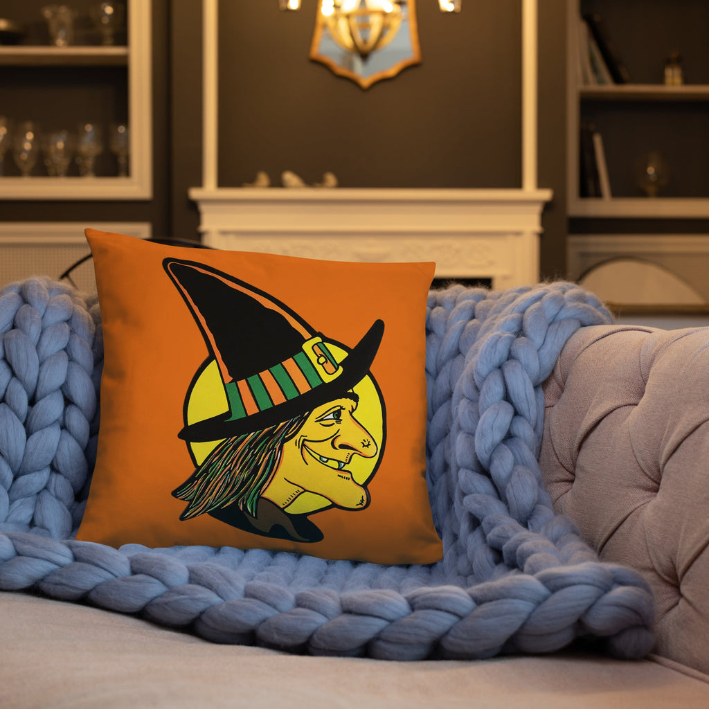 Retro Witch Full Moon Orange Halloween Square Pillow
