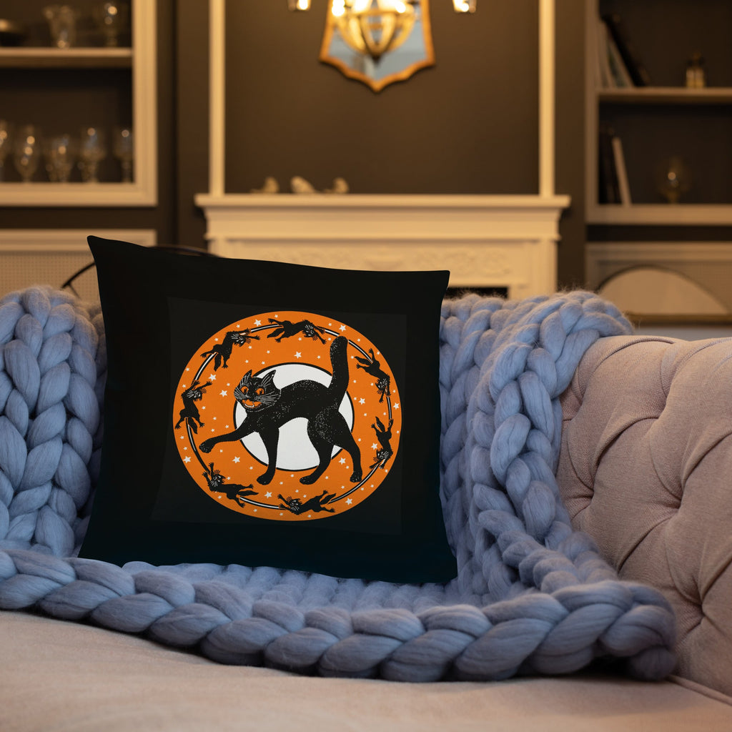 Black Cats Full Moon Retro Halloween Black Square Pillow