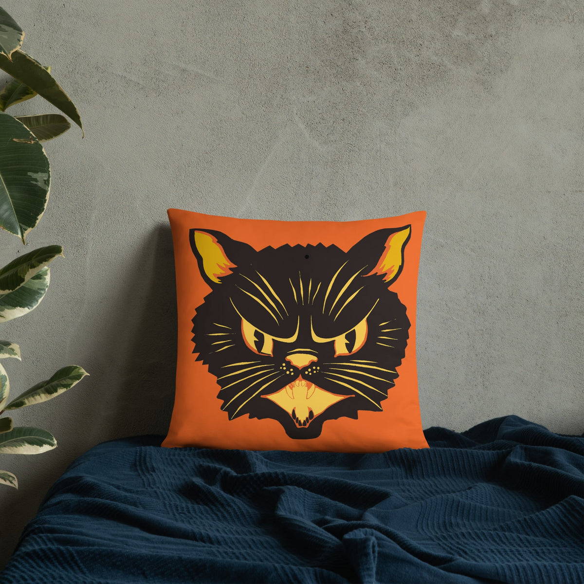 Black Cat Orange Retro Halloween Square Pillow