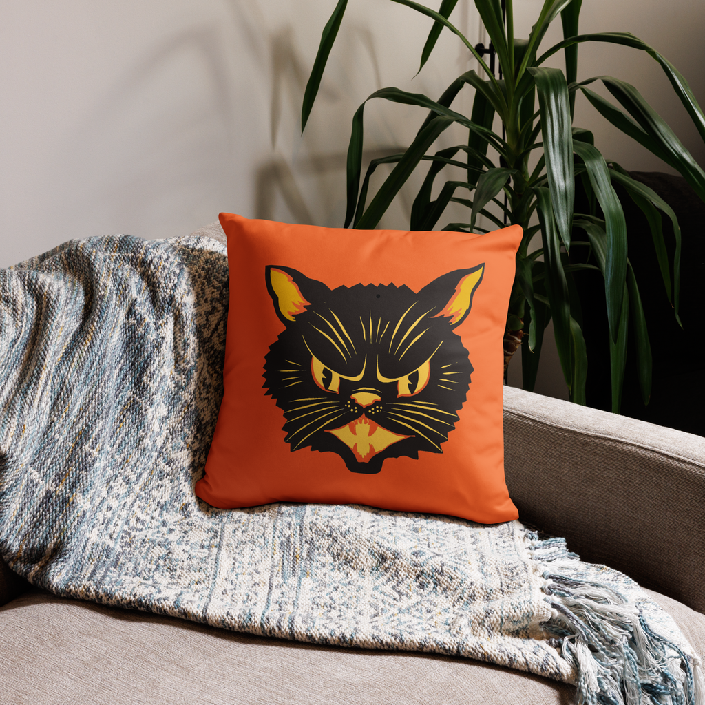 Black Cat Orange Retro Halloween Square Pillow