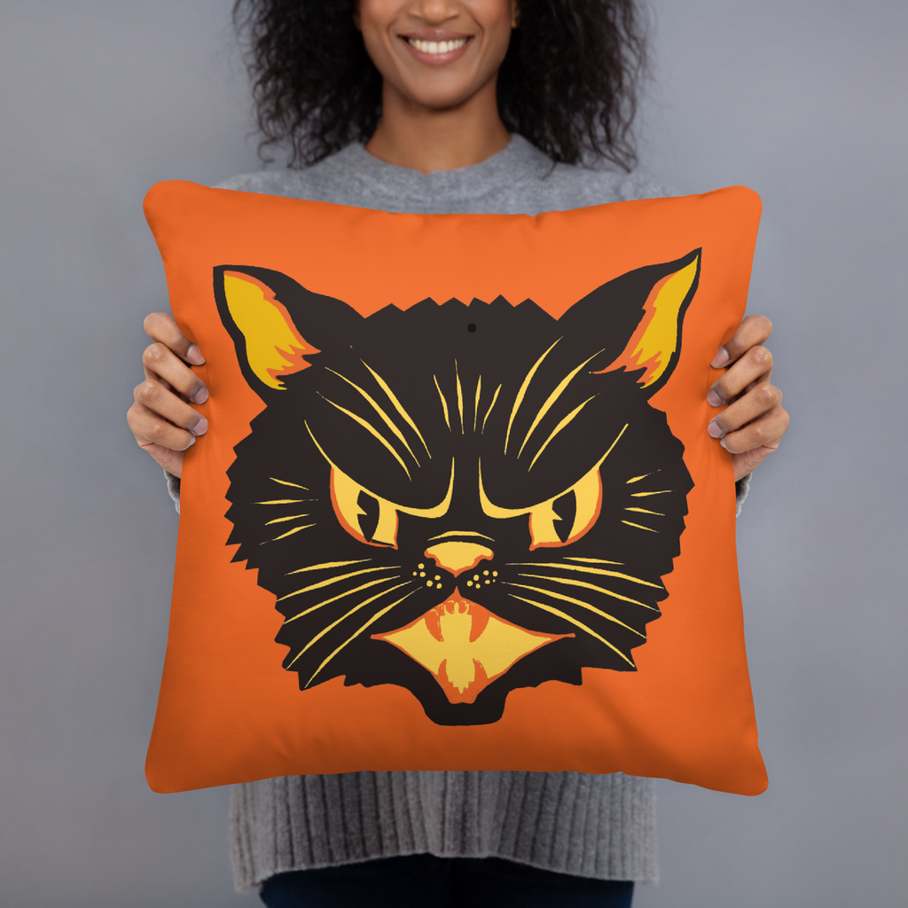Black Cat Orange Retro Halloween Square Pillow