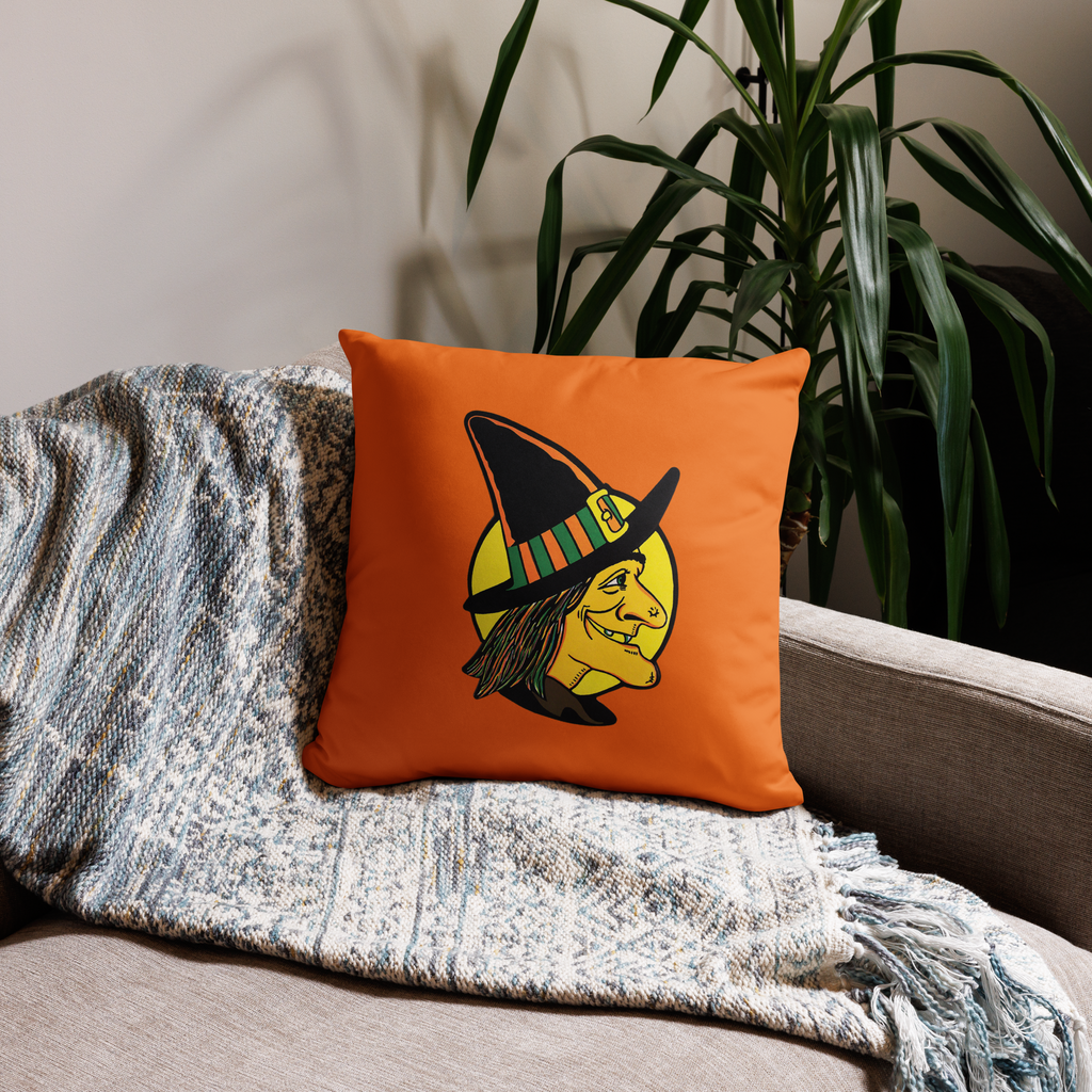 Retro Witch Full Moon Orange Halloween Square Pillow