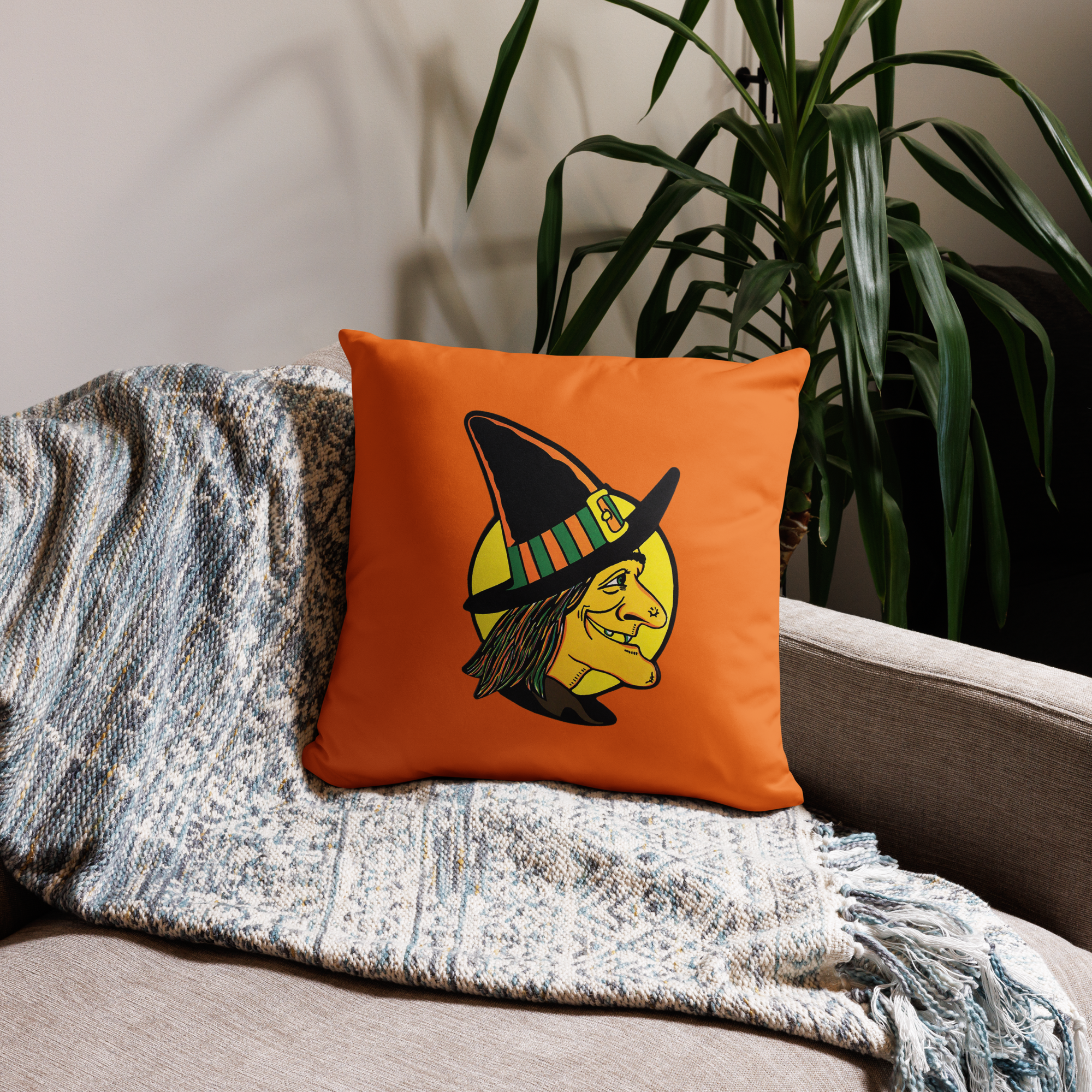 Retro Witch Full Moon Orange Halloween Square Pillow