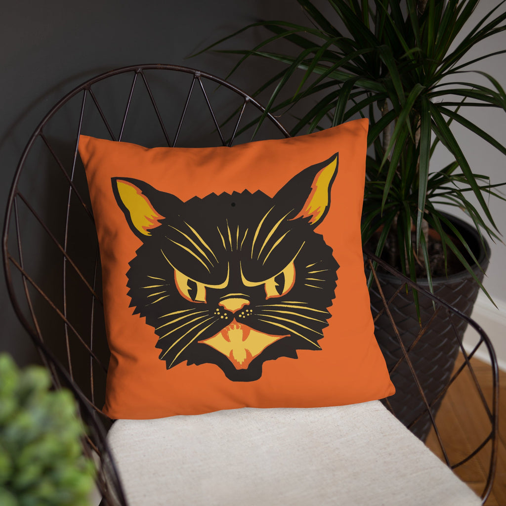 Black Cat Orange Retro Halloween Square Pillow