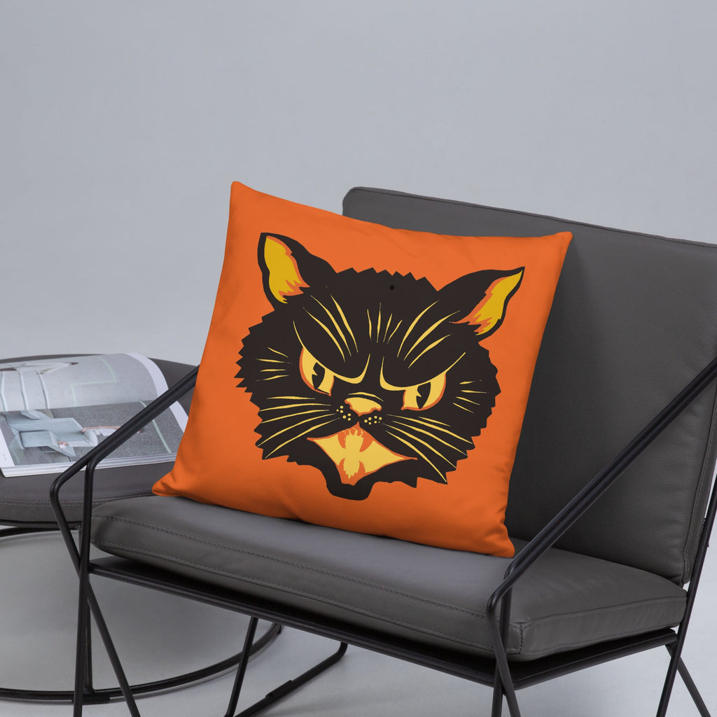 Black Cat Orange Retro Halloween Square Pillow
