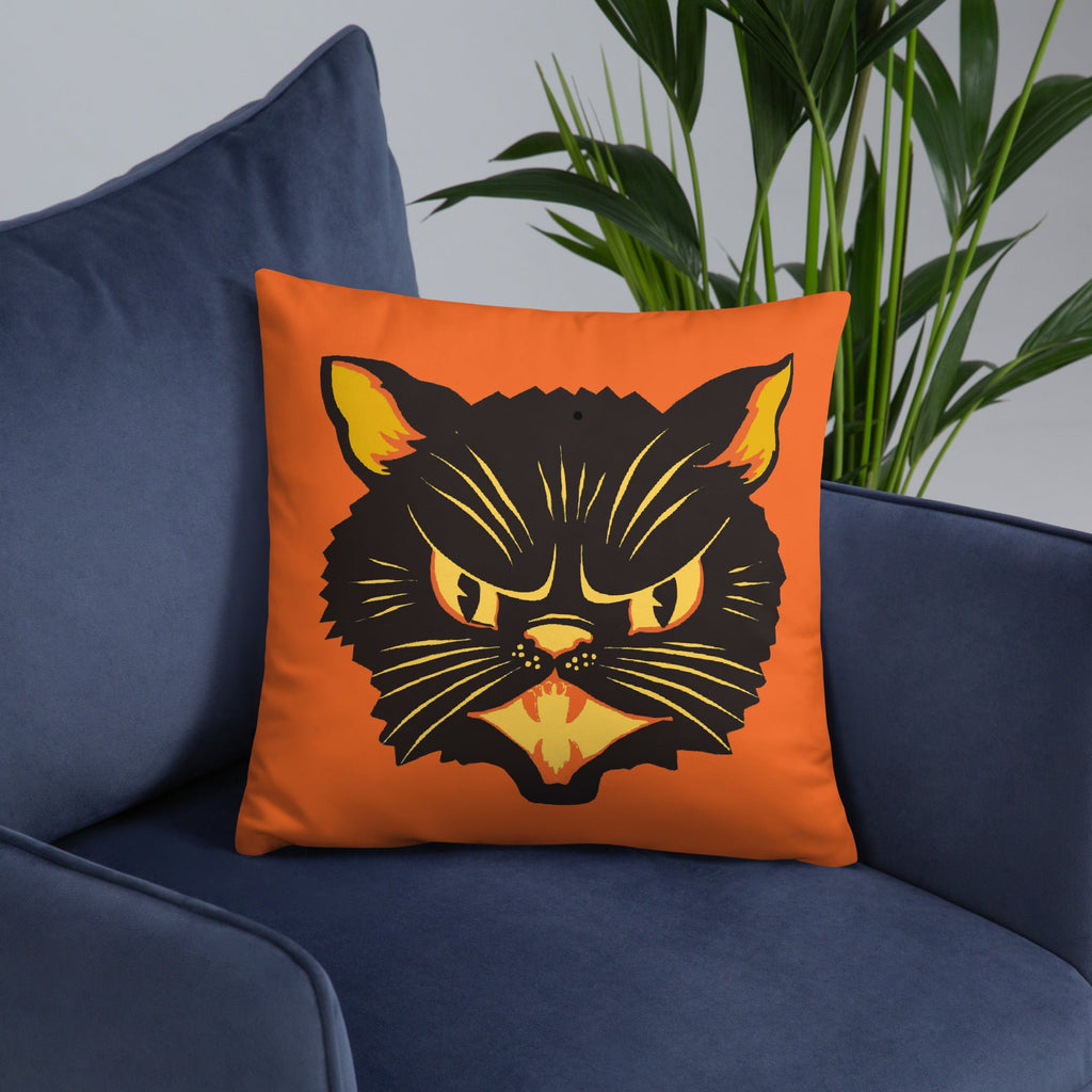 Black Cat Orange Retro Halloween Square Pillow