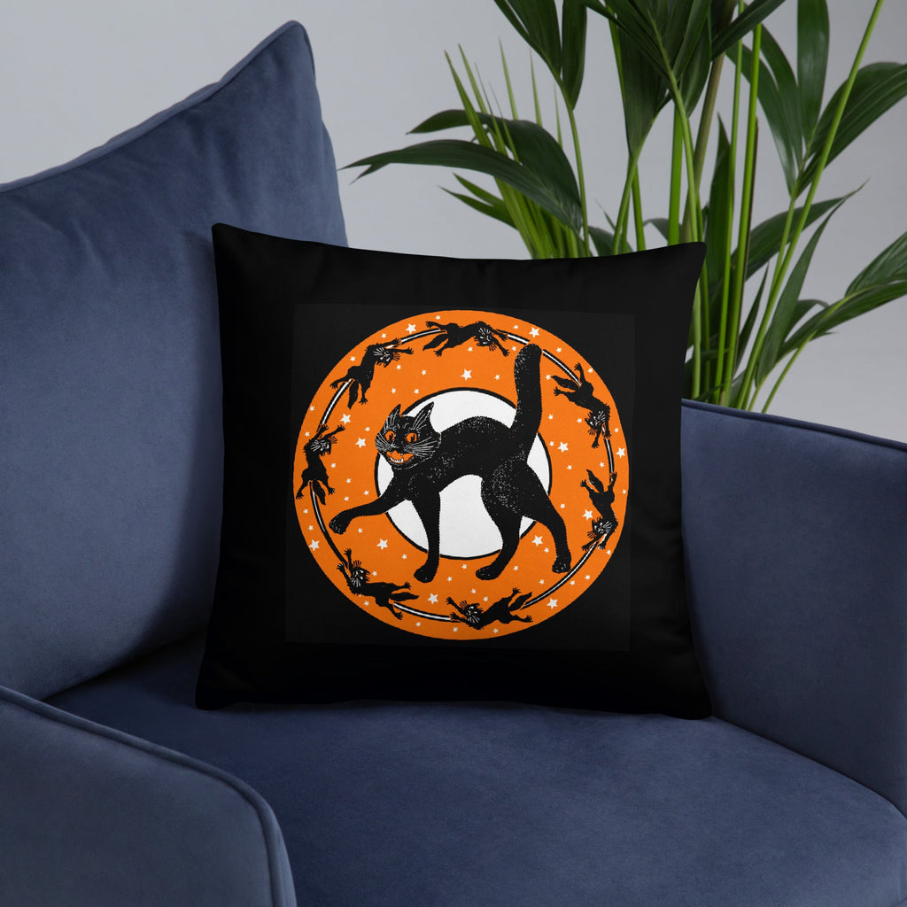 Black Cats Full Moon Retro Halloween Black Square Pillow