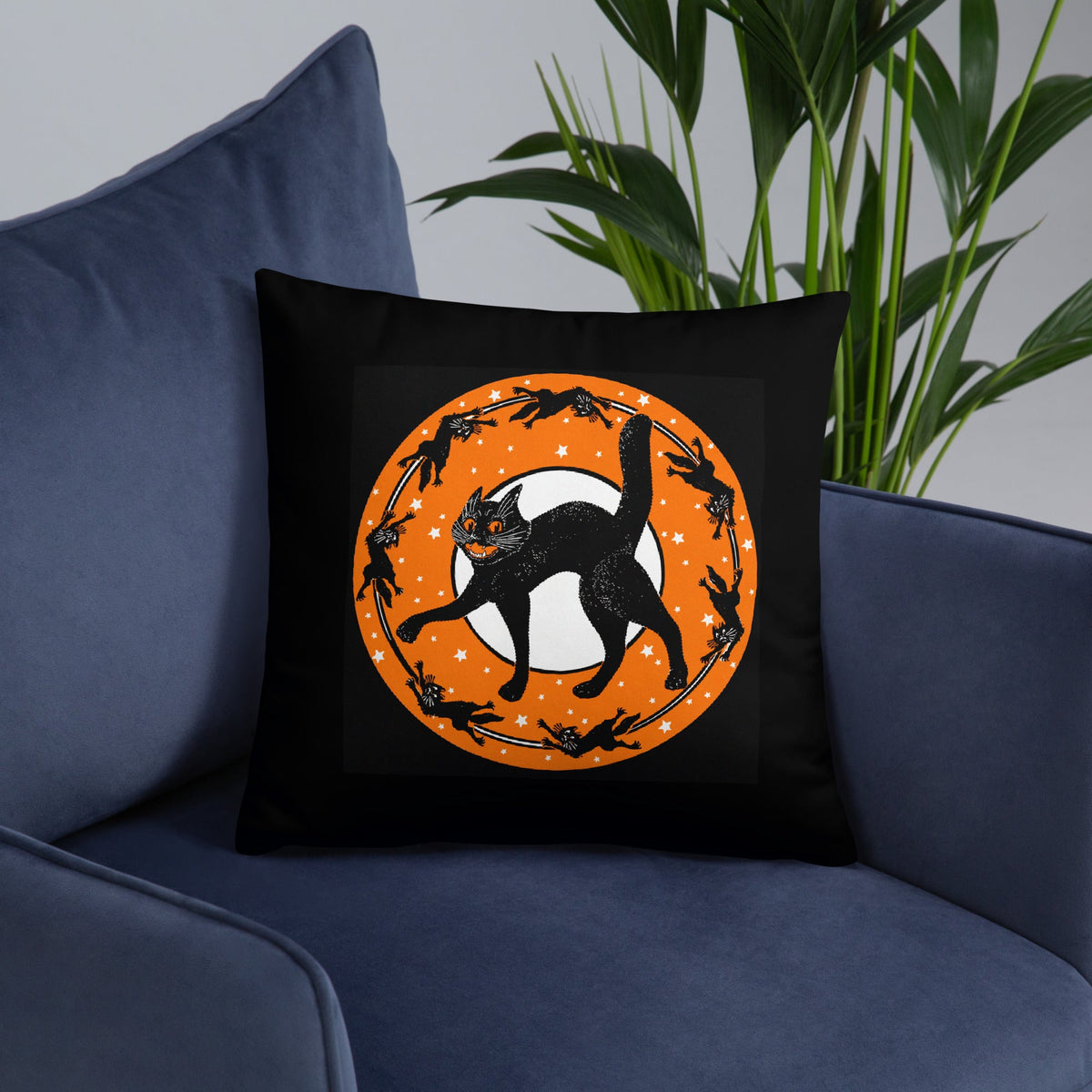 Black Cats Full Moon Retro Halloween Black Square Pillow